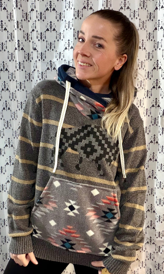 Striped Aztec Buffalo Sweater Hoodie Size- Unisex M/L