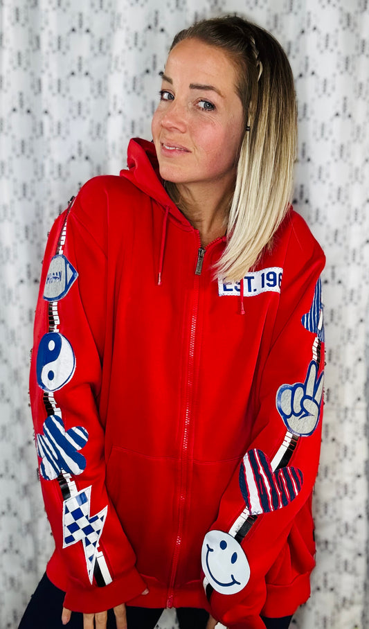 Red Peace Love Football Zip-Up Hoodie Women's Size-XL/2X