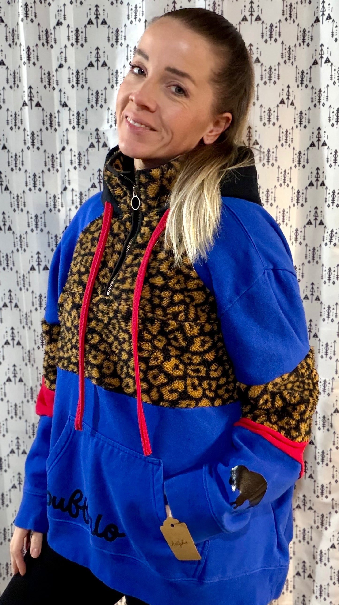 Blue & Leopard Buffalo Football 1/4 Zip Hoodie Size- Women's XL/2X