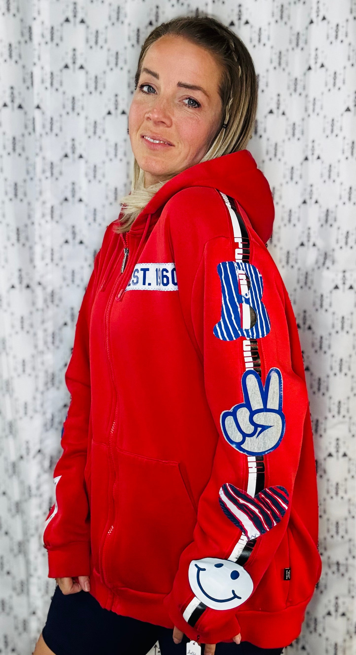 Red Peace Love Football Zip-Up Hoodie Women's Size-XL/2X