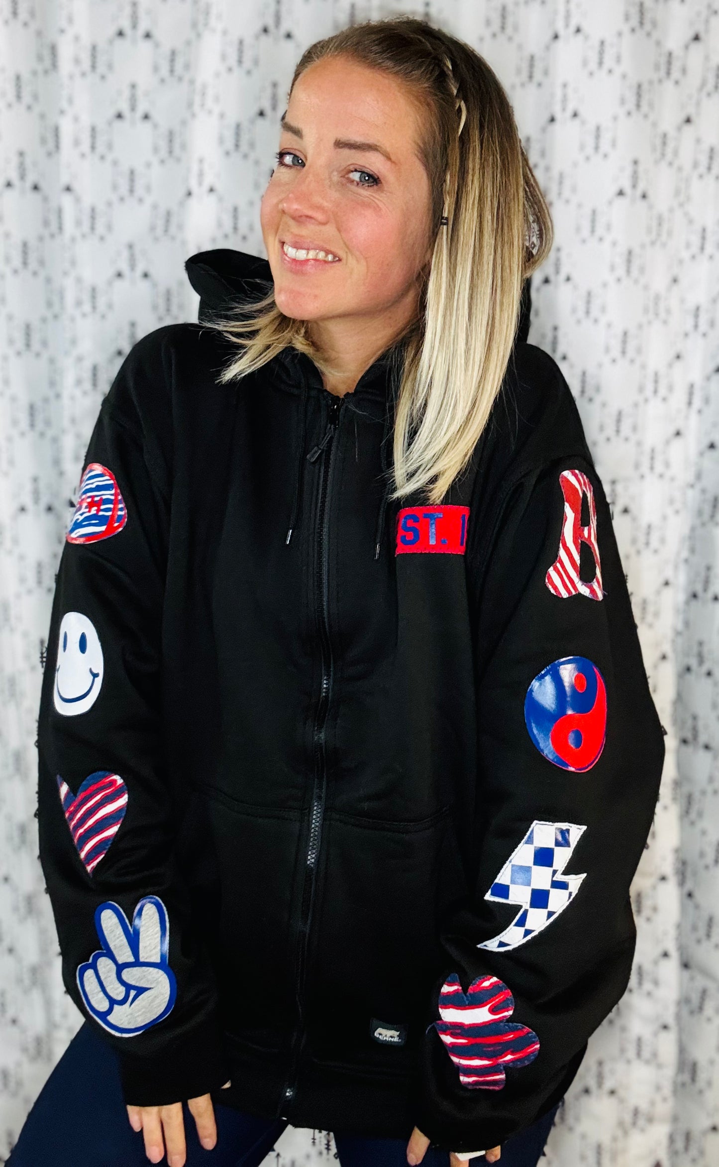 Black Peace Love Football Zip-Up Hoodie Women's Size-L/XL