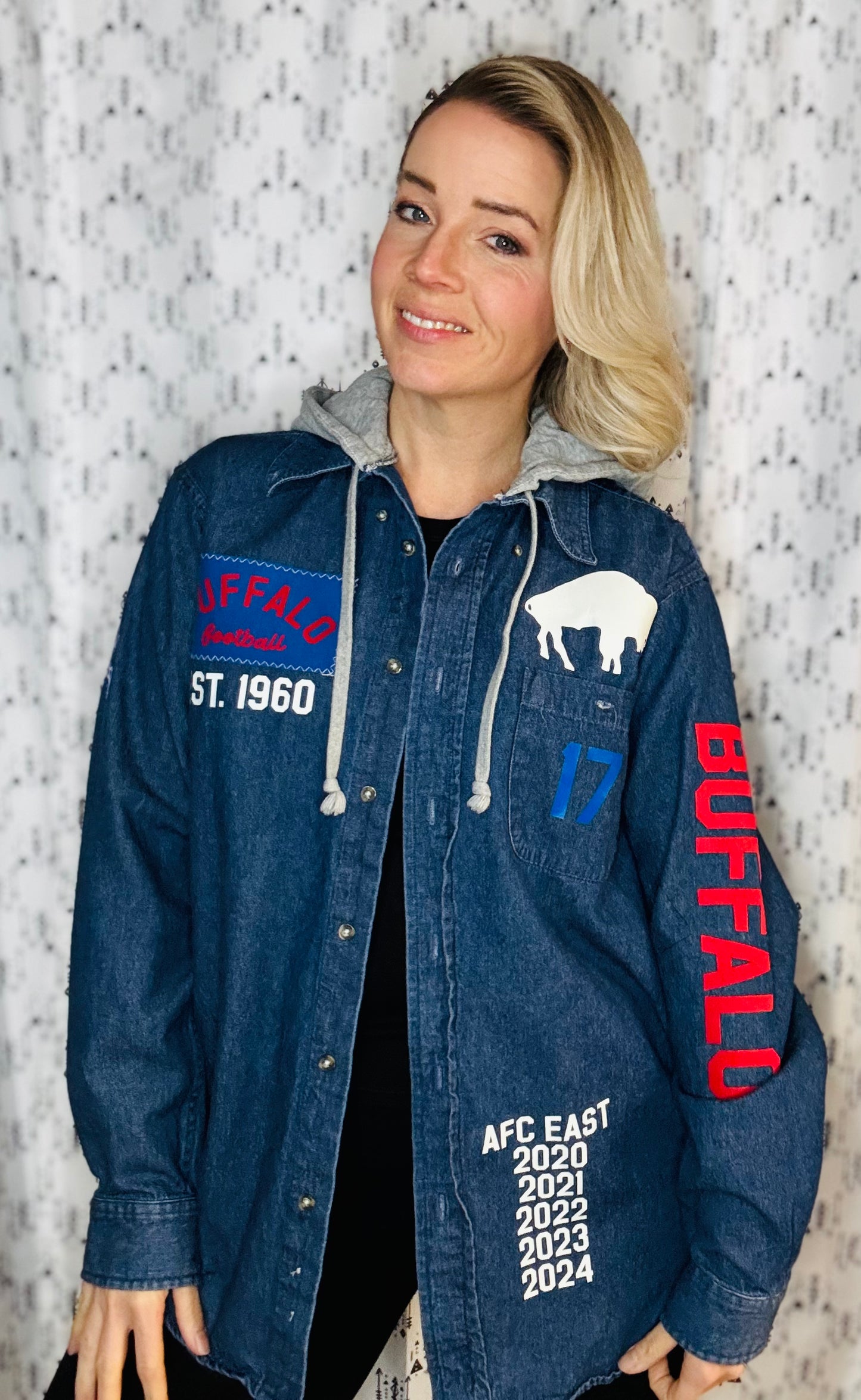 Denim Hooded Buffalo Football Button Down Size- Unisex M/L