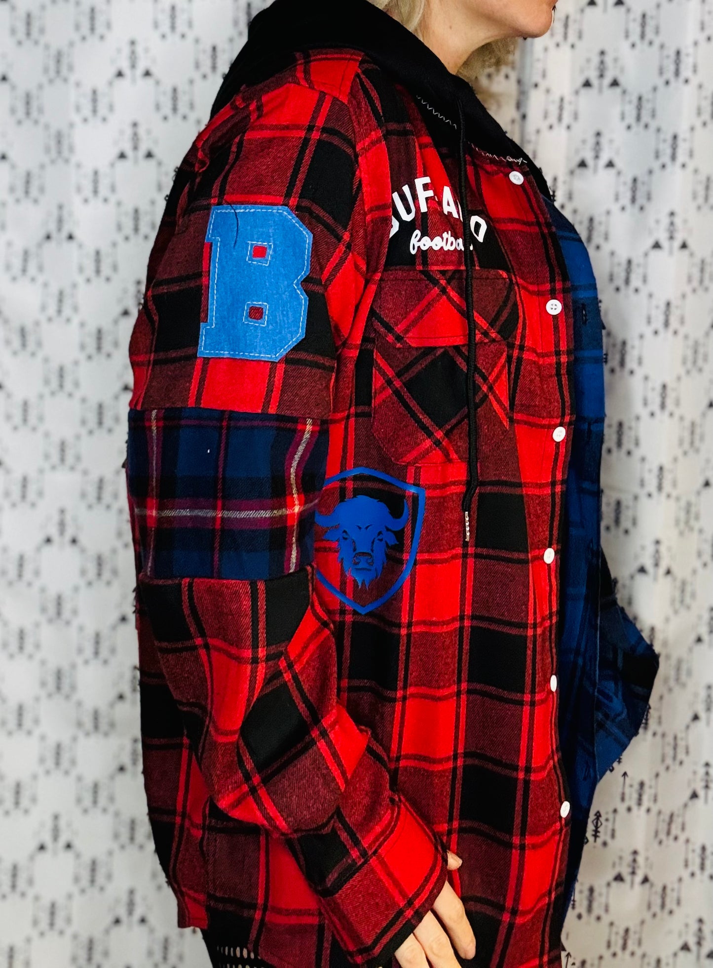 Red & Blue Buffalo Check Hooded Football Button-Up Flannel Size- Unisex L/XL