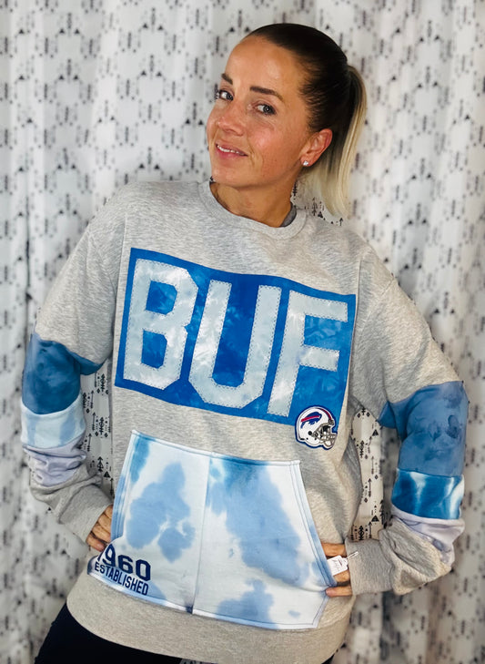 Grey W/ Tie Dye BUF Football Crewneck Unisex L/XL
