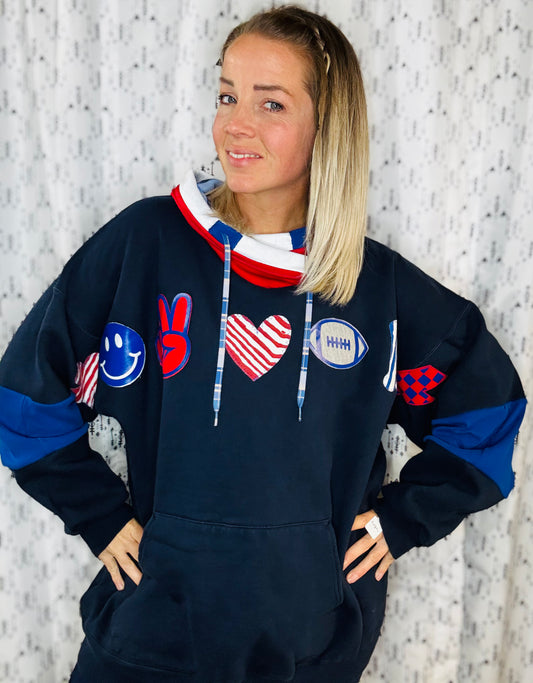 Navy Peace Love Football Hoodie Size-Women’s 3X