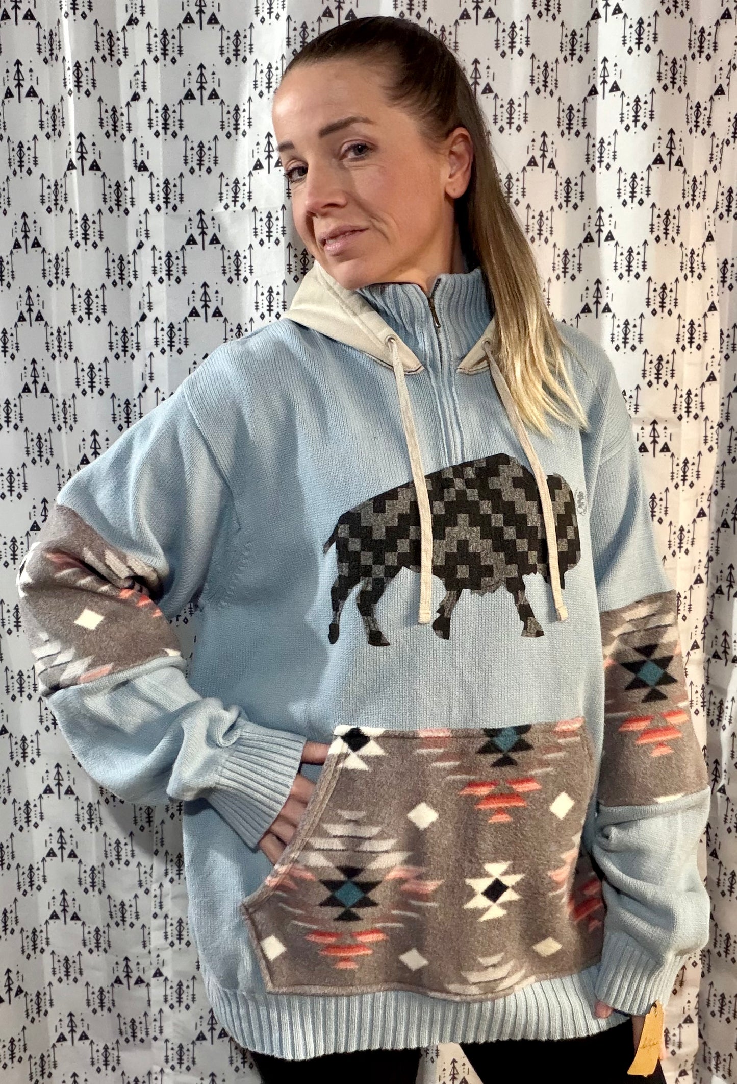 Light Blue Aztec 1/4 Buffalo Sweater Hoodie Size- Women's XL/2X
