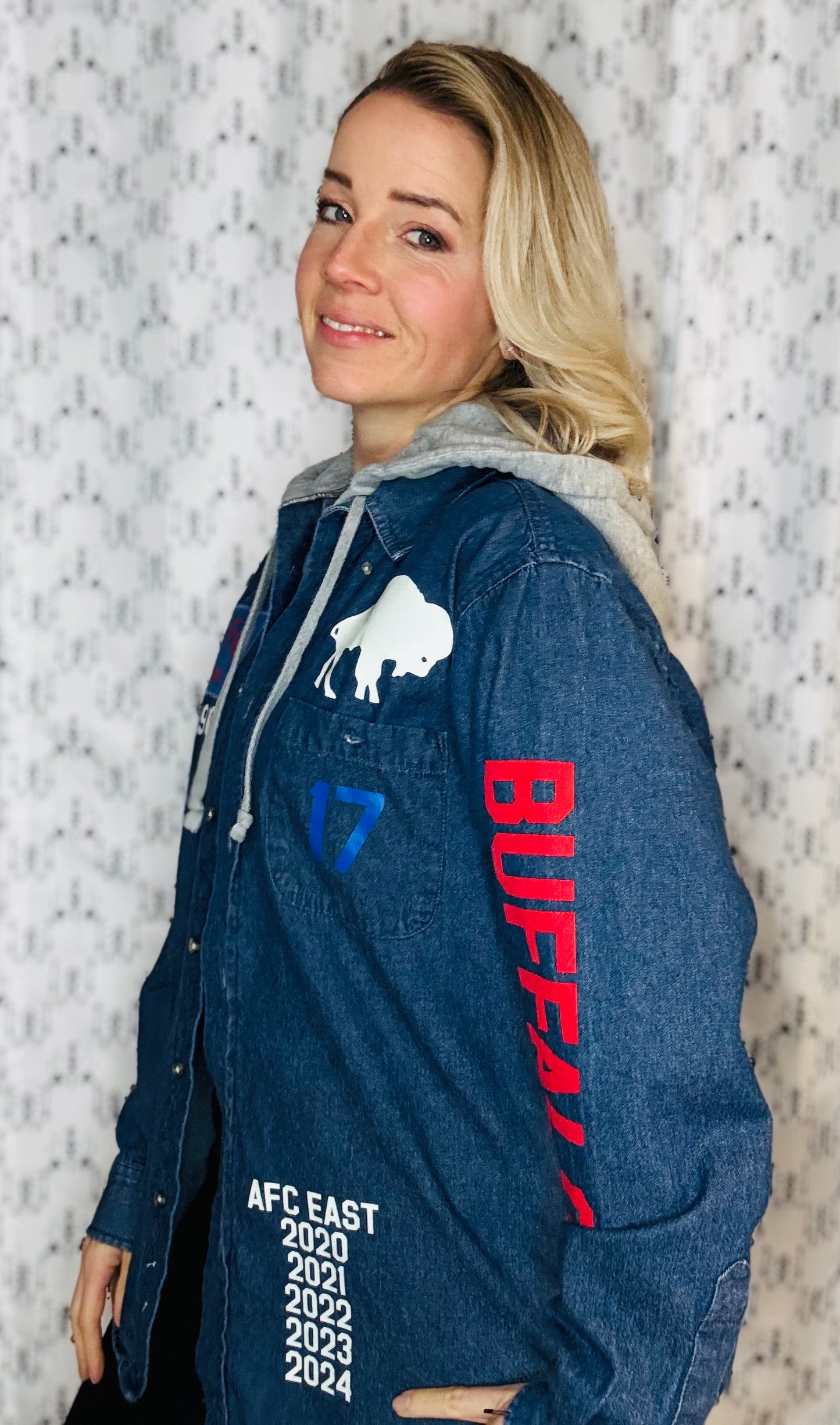 Denim Hooded Buffalo Football Button Down Size- Unisex M/L