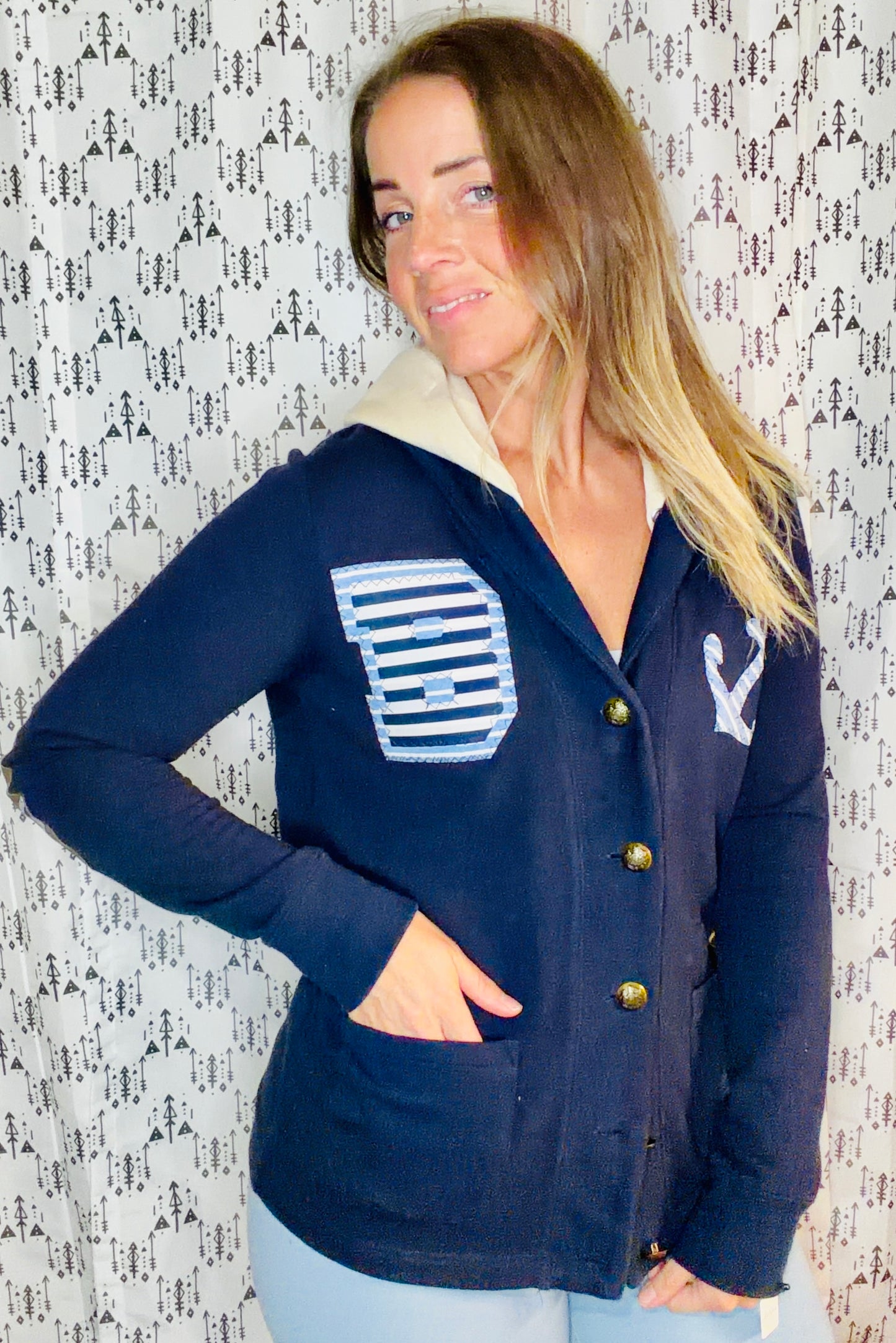 Blue Nautical Buffalo Hooded Cardigan Jacket Size Women's- S/M