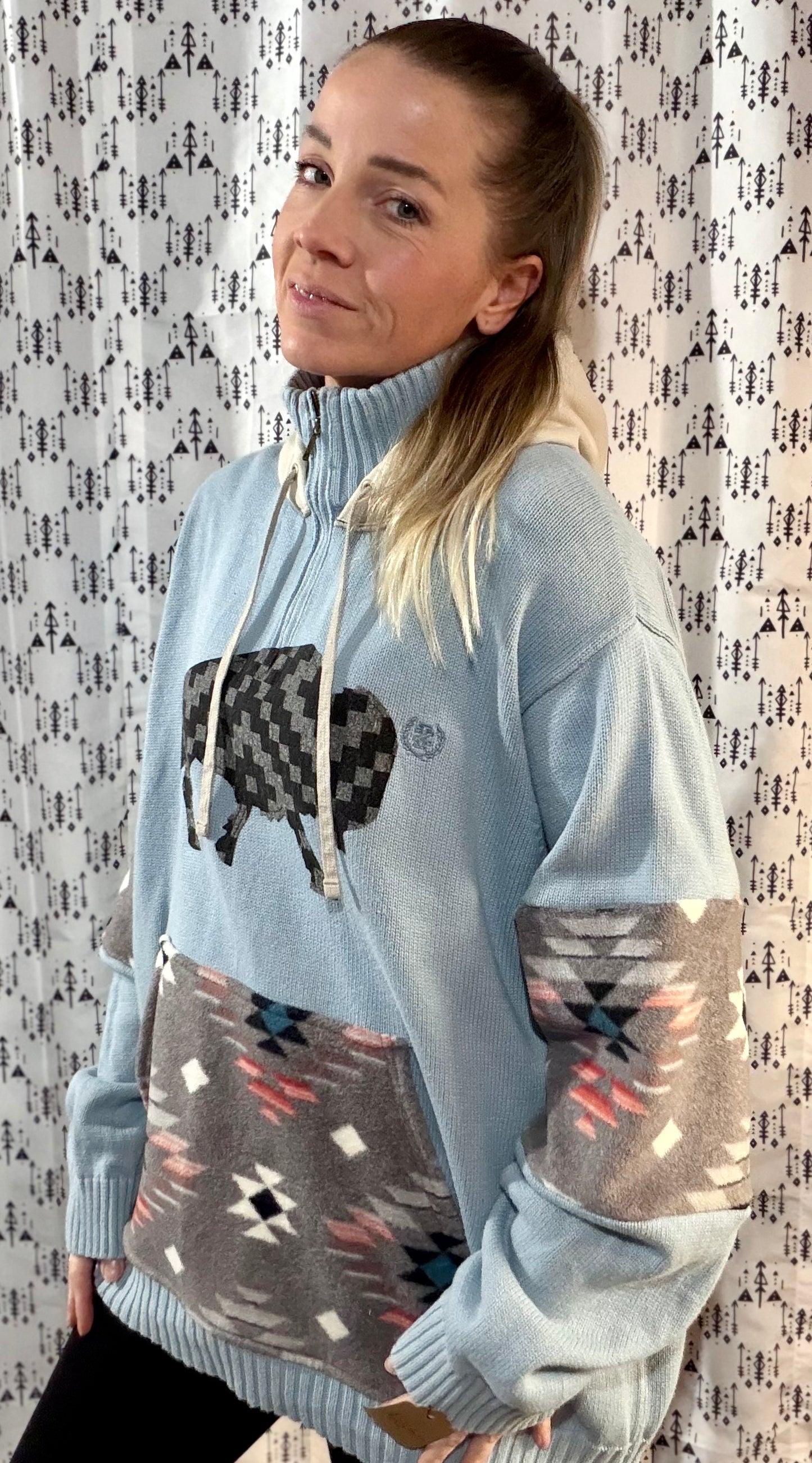 Light Blue Aztec 1/4 Buffalo Sweater Hoodie Size- Women's XL/2X