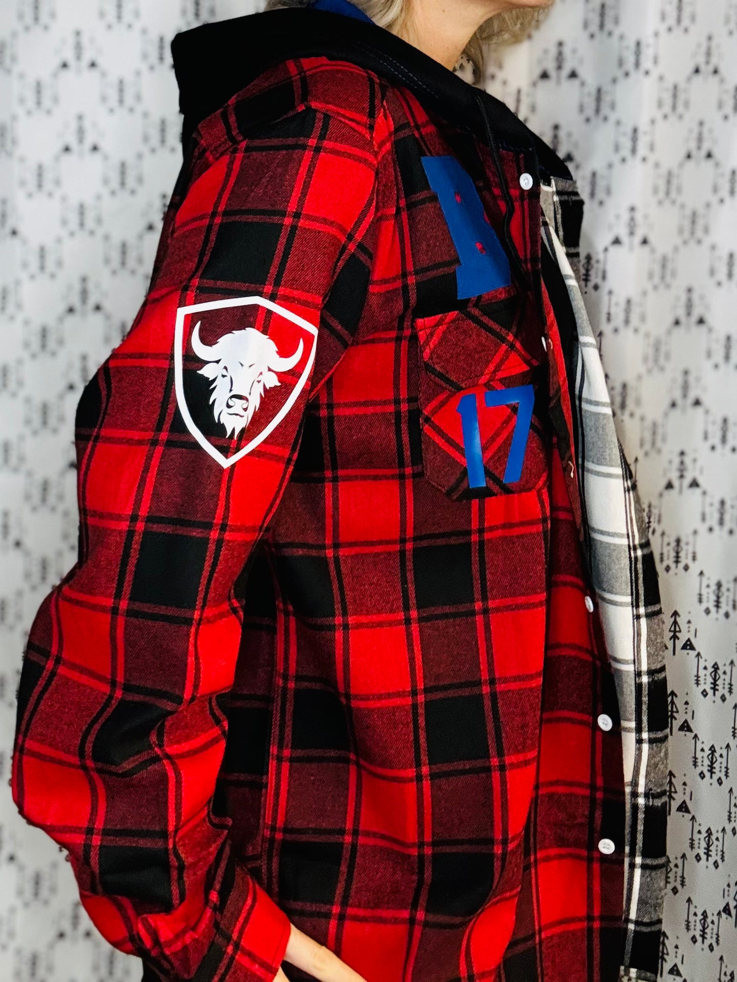 Red, Black, & White Buffalo Check Football Button-Up Flannel Size- Unisex XL/2X
