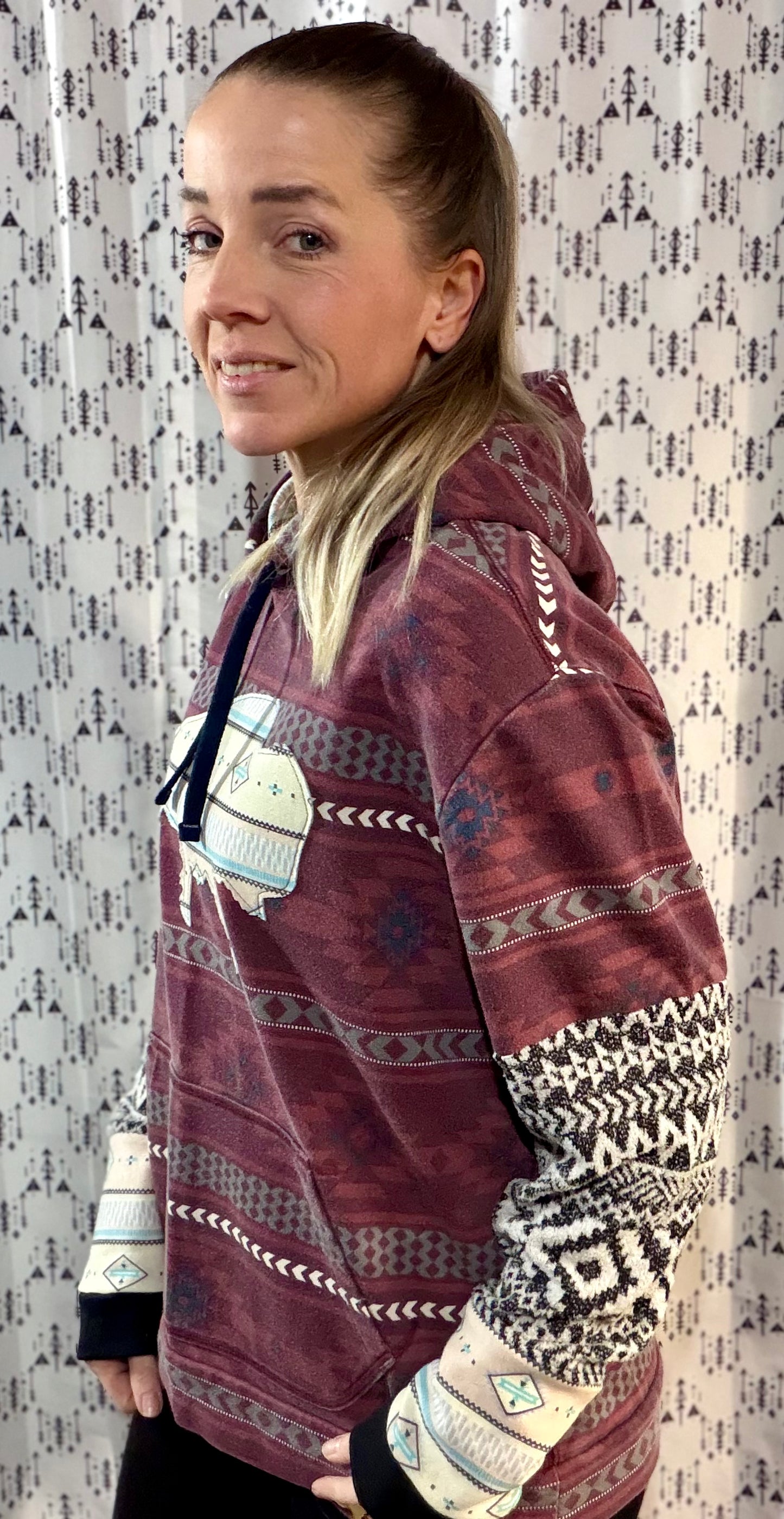 Maroon Aztec Buffalo Hoodie Size- Unisex S/M