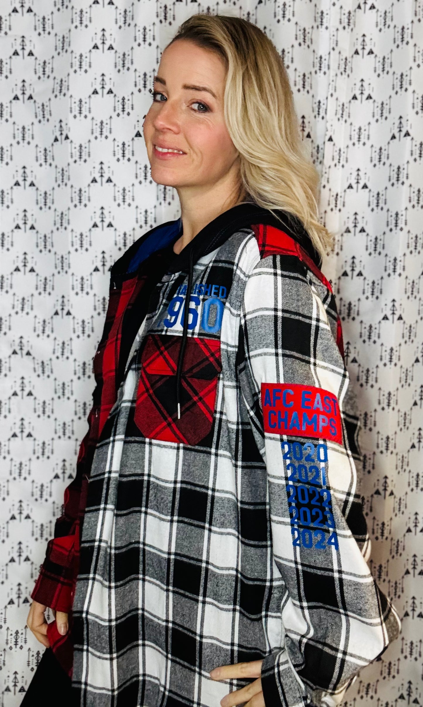 Red, Black, & White Buffalo Check Football Button-Up Flannel Size- Unisex XL/2X