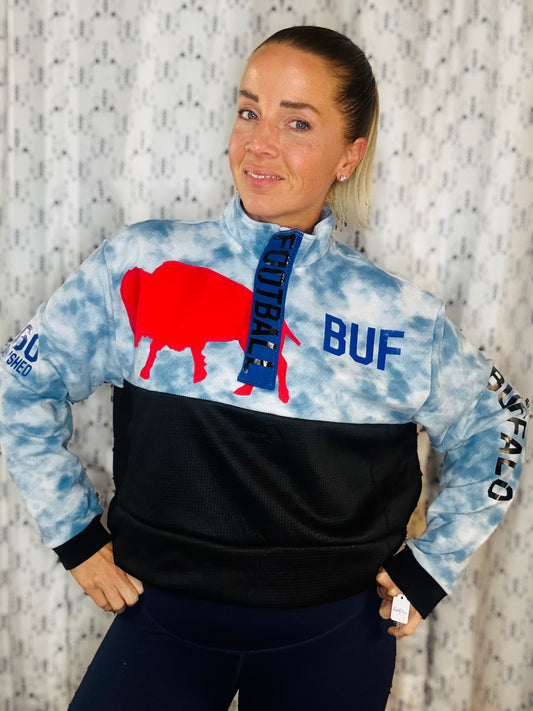 Blue Tie Dye & Black 1/4 Zip Buffalo Football Crop Track Jacket Women's Size-XL/2X