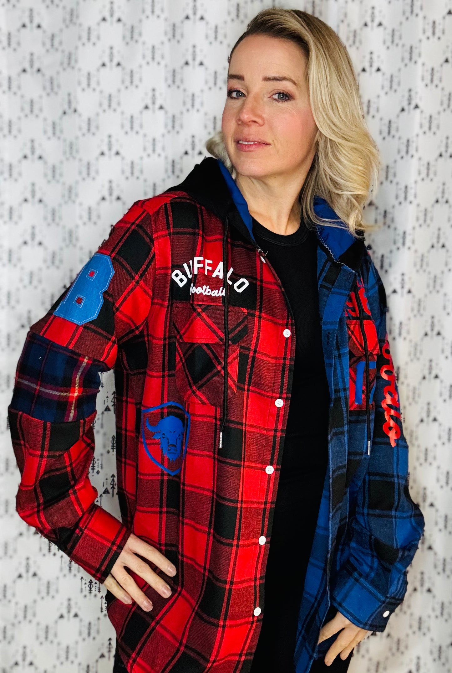 Red & Blue Buffalo Check Hooded Football Button-Up Flannel Size- Unisex L/XL
