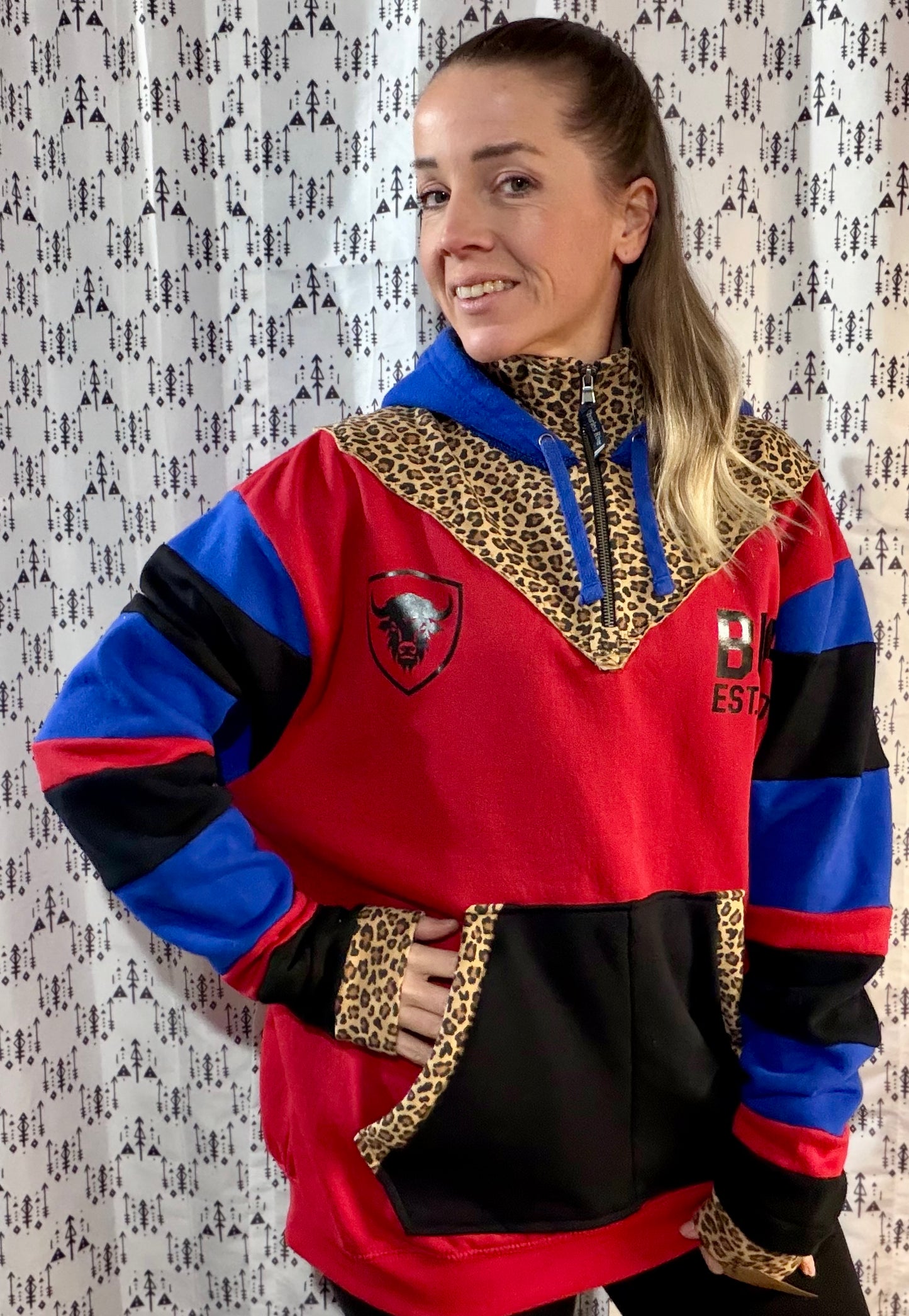 Color-block & Leopard Buffalo Football 1/4 Zip Hoodie Size- Women's XL/2X