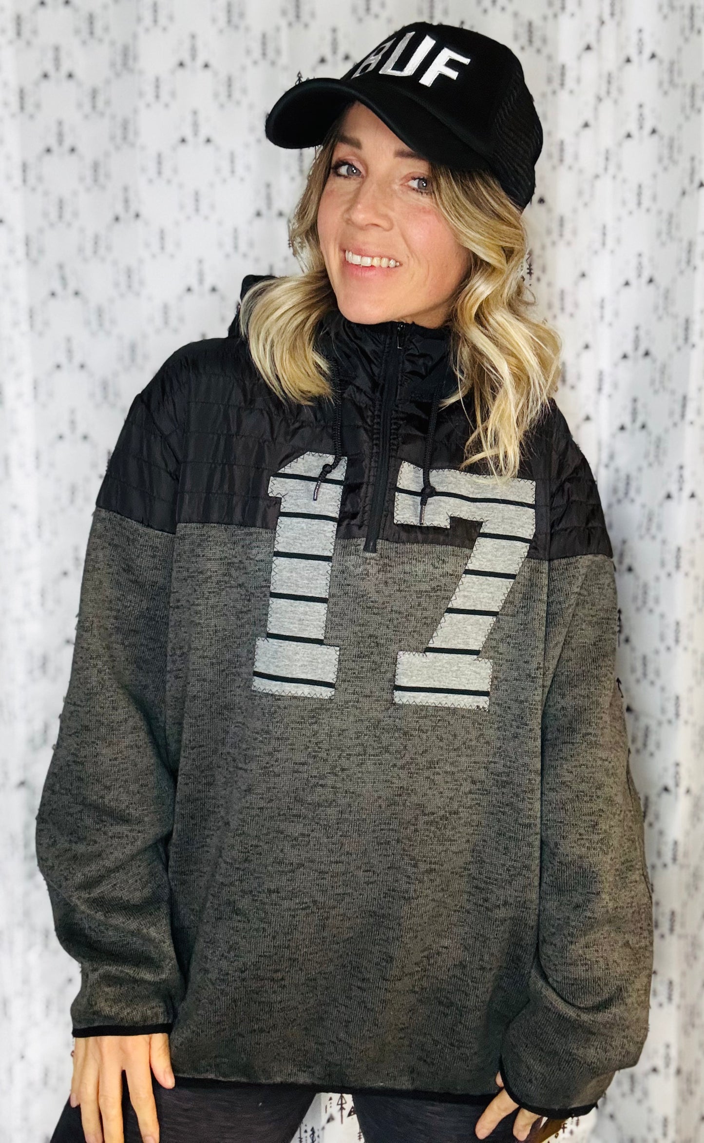 Grey Rocktober Allen #17 Buffalo 1/4 Zip Hoodie Size- Unisex L/XL