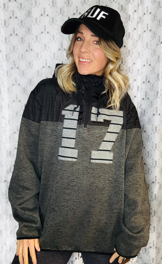 Grey Rocktober Allen #17 Buffalo 1/4 Zip Hoodie Size- Unisex L/XL