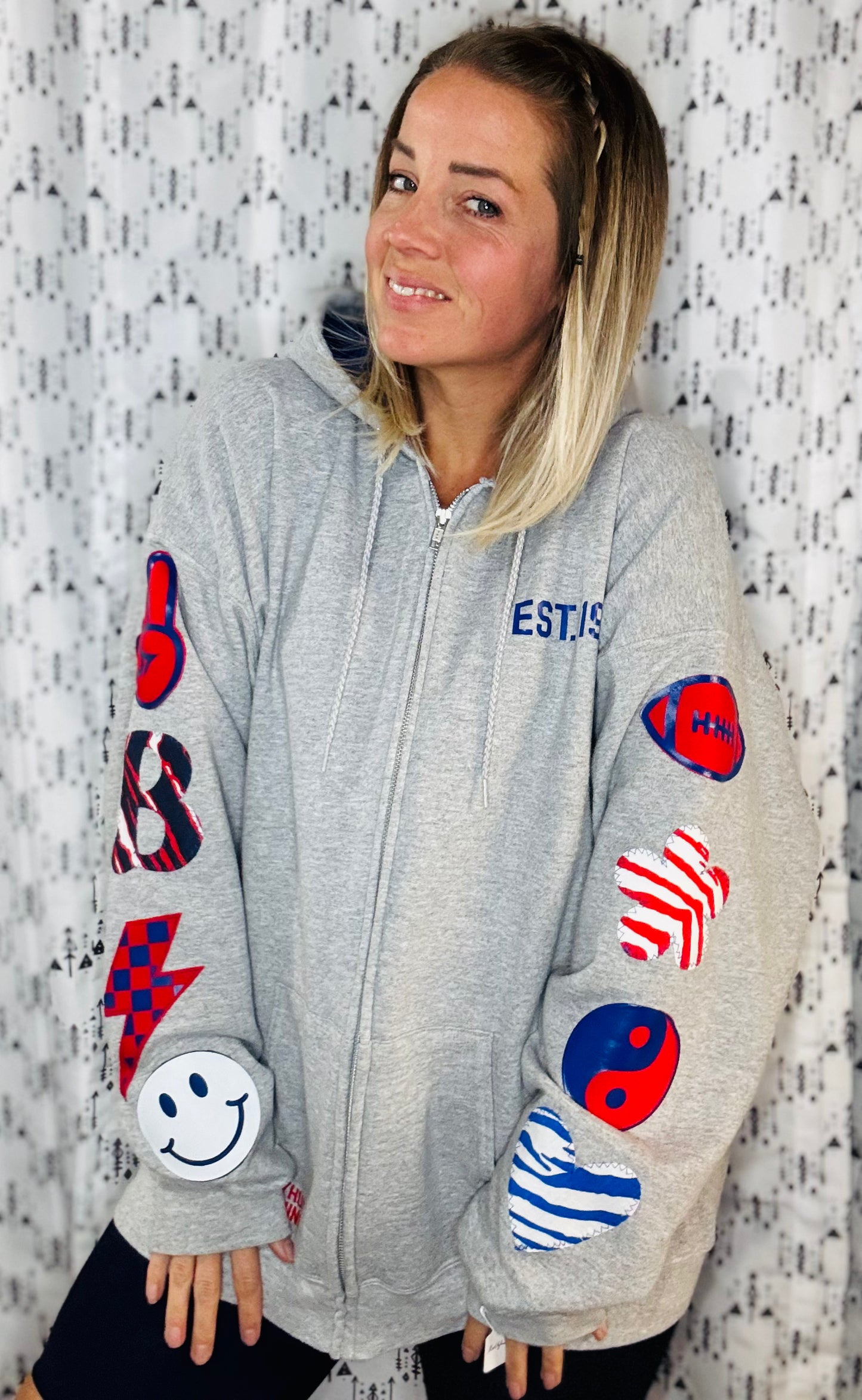 Grey Peace Love Football Zip-Up Hoodie Women's Size-XL/2X