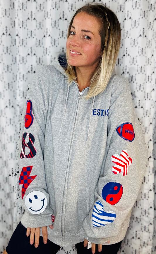 Grey Peace Love Football Zip-Up Hoodie Women's Size-XL/2X
