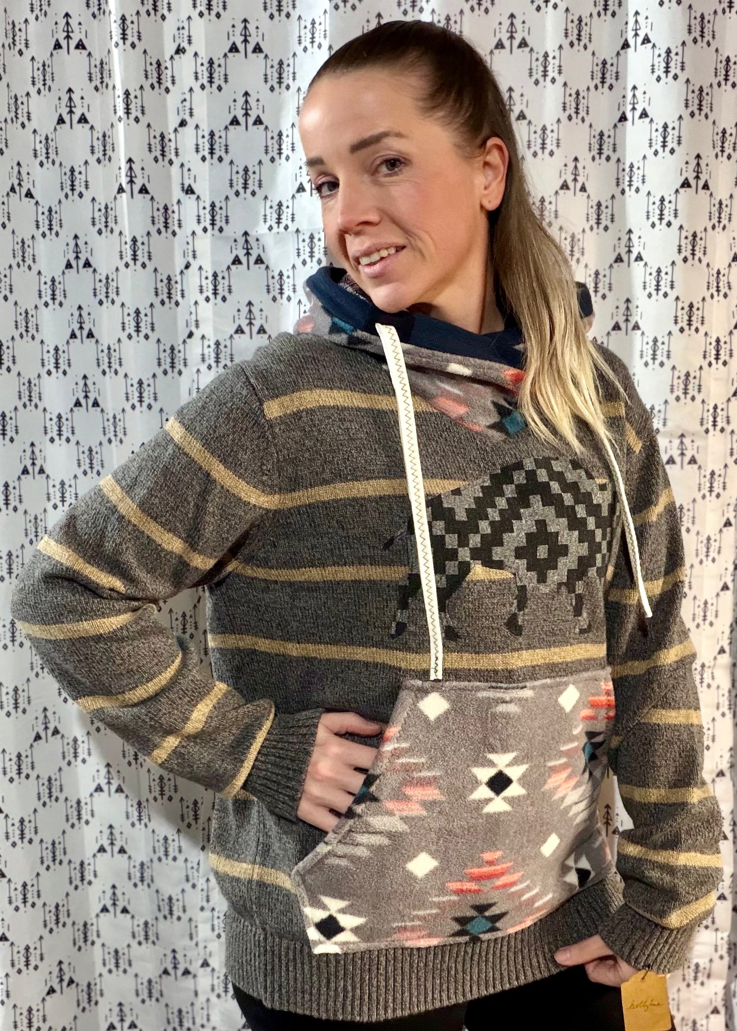Striped Aztec Buffalo Sweater Hoodie Size- Unisex M/L