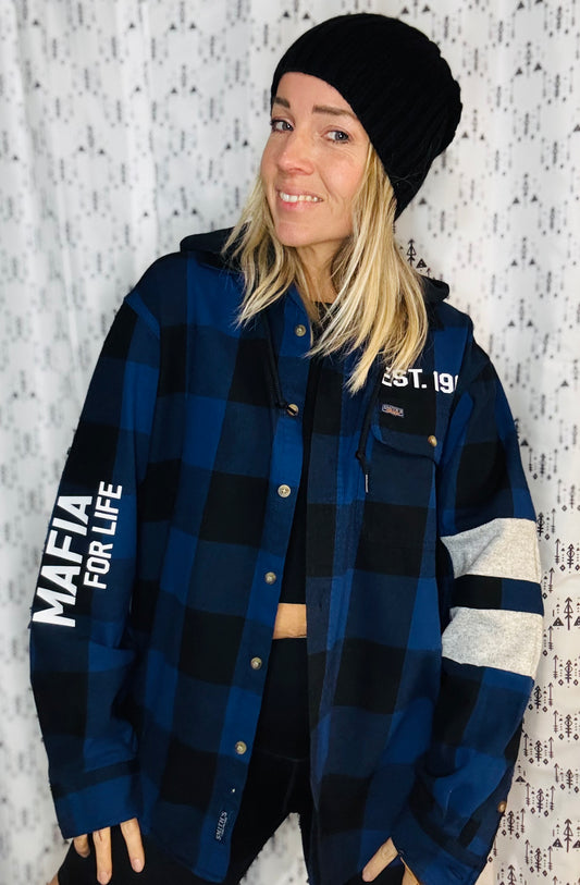 Blue & Black Buffalo Check Football Button-Up Flannel Size- Unisex L/XL