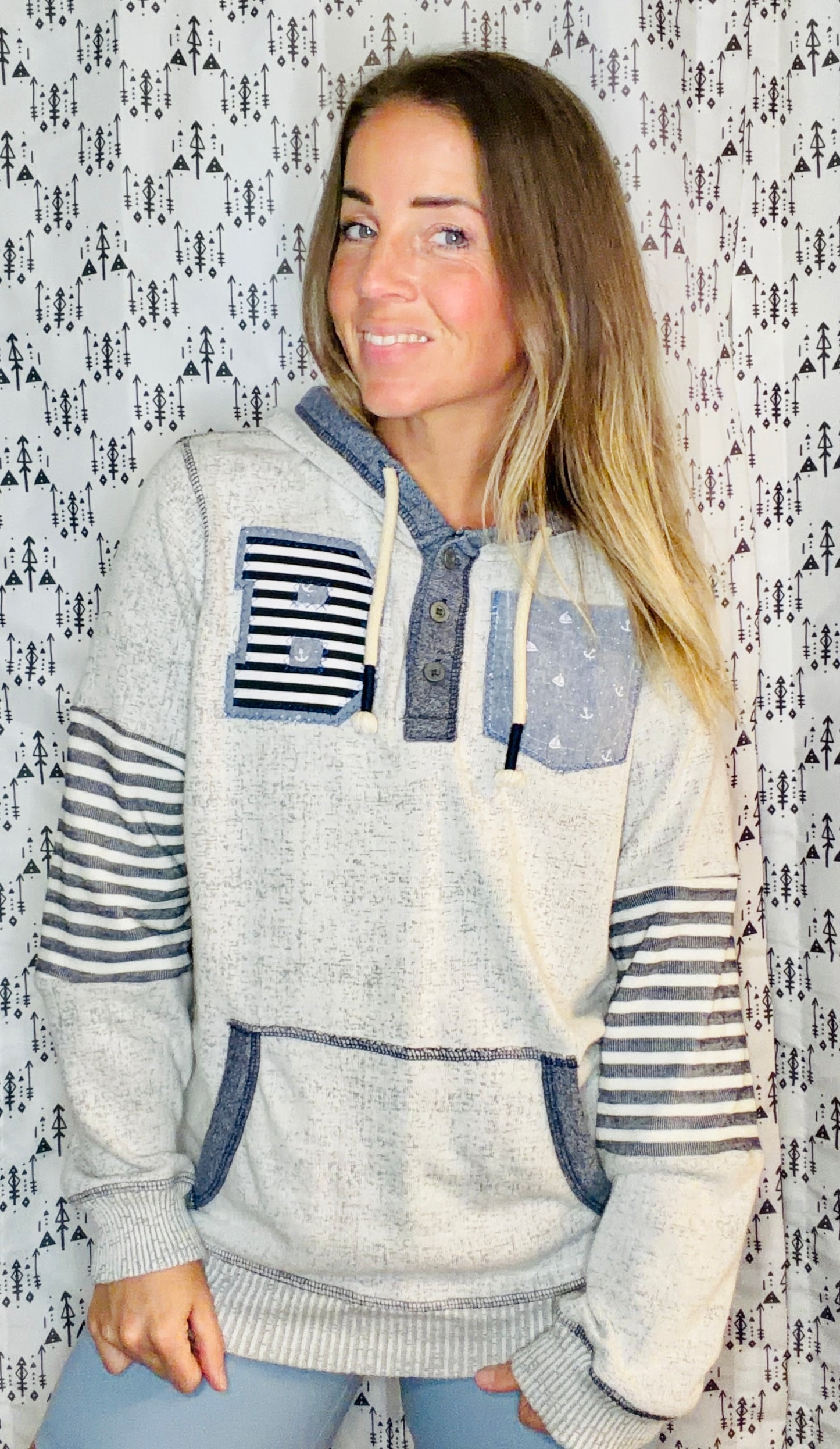 White Nautical Buffalo 1/4 Button-Up Hoodie Size Unisex-S/M