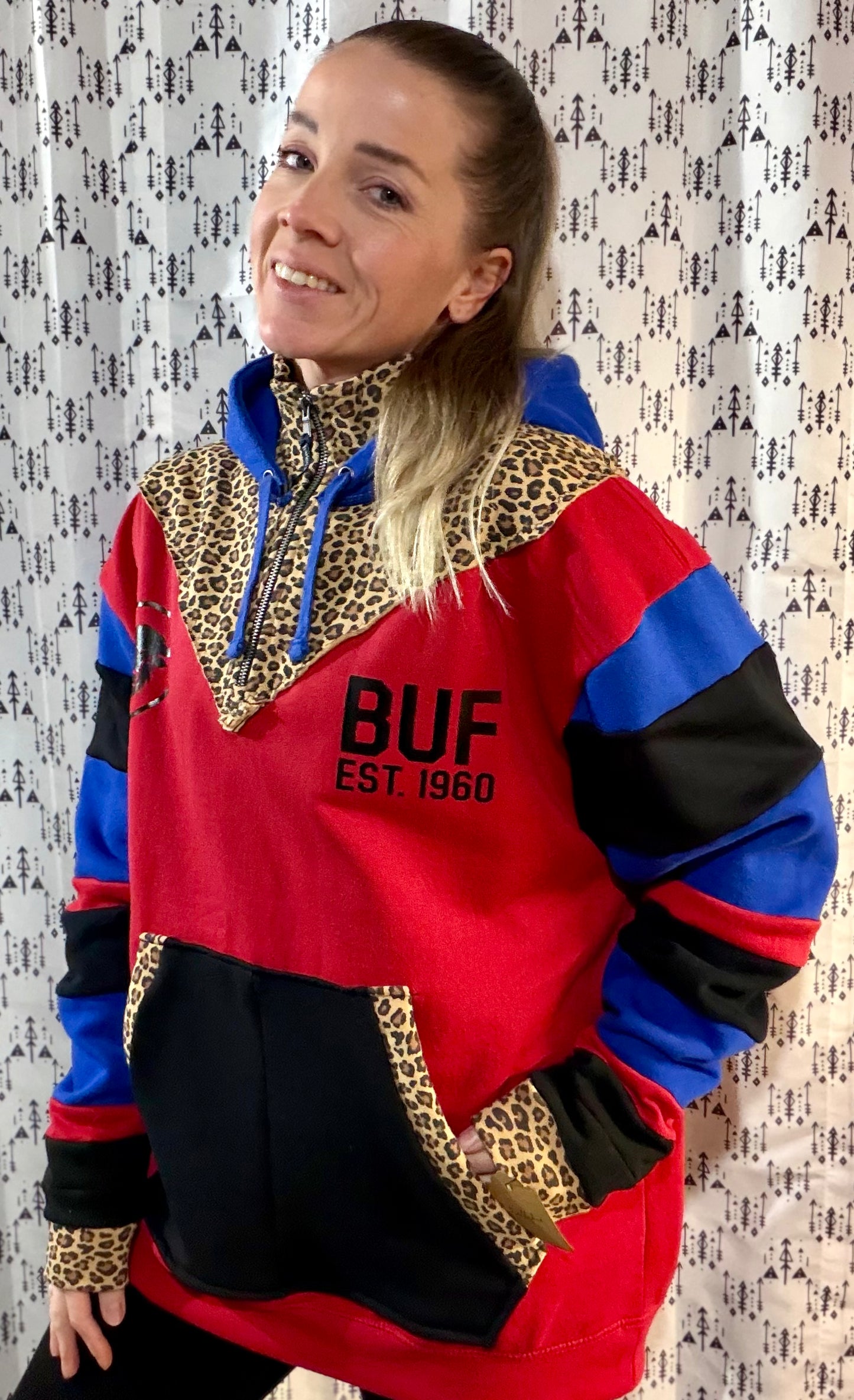 Color-block & Leopard Buffalo Football 1/4 Zip Hoodie Size- Women's XL/2X
