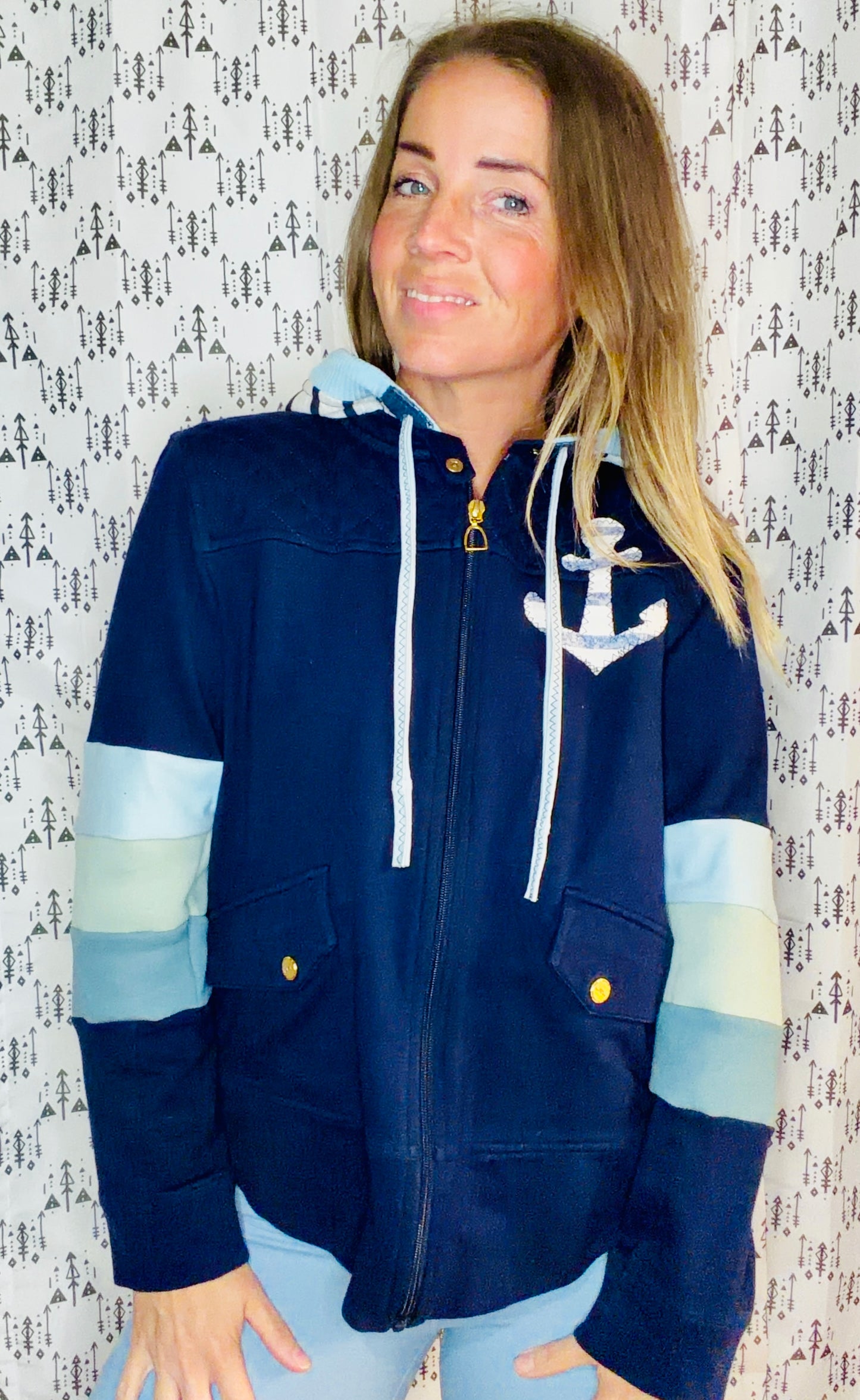 Navy & Ombre Buffalo Nautical Hooded Jacket Size- Women's M/L