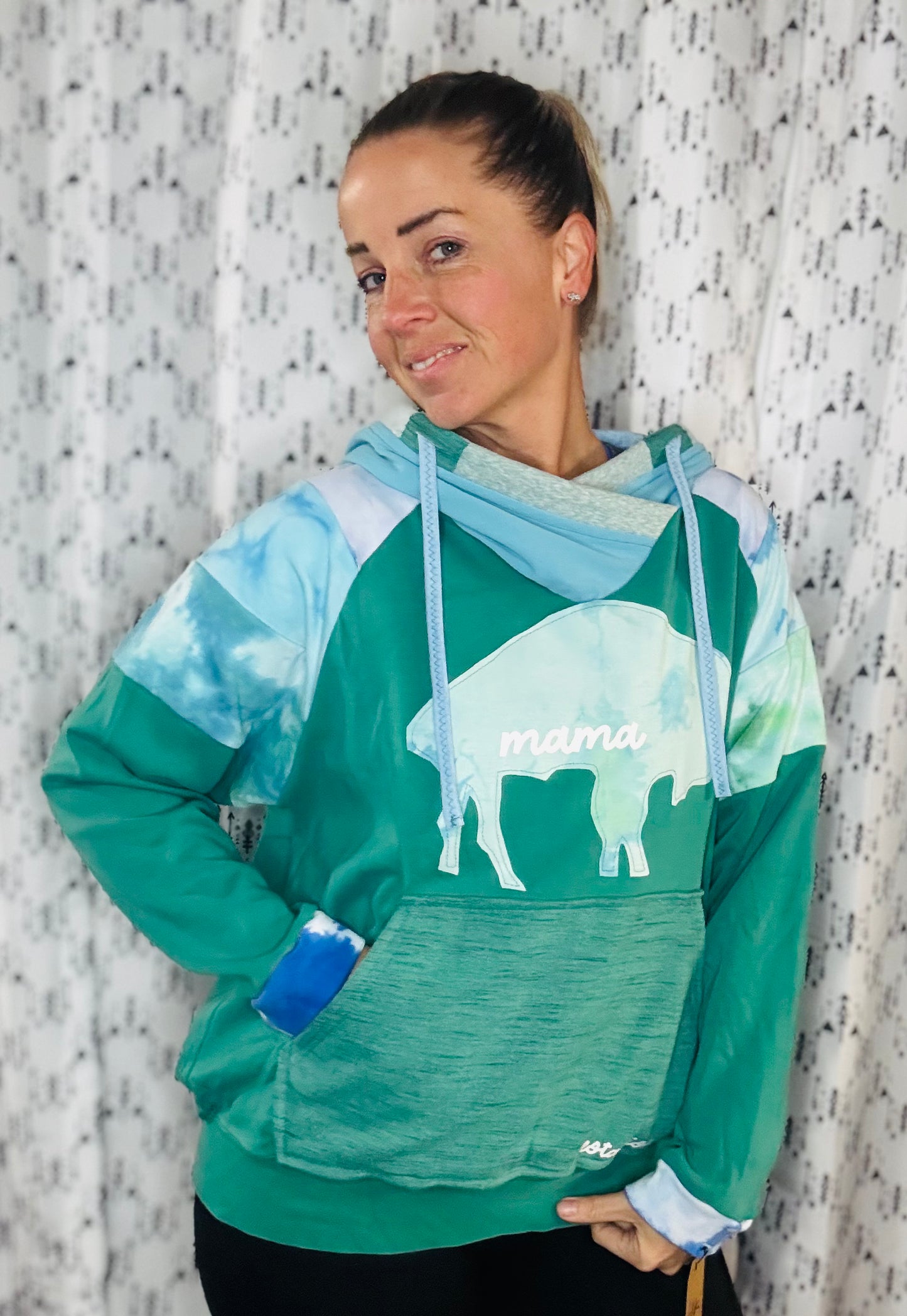Aqua Tie-Dye Buffalo MAMA Hoodie Women's Size-L/XL