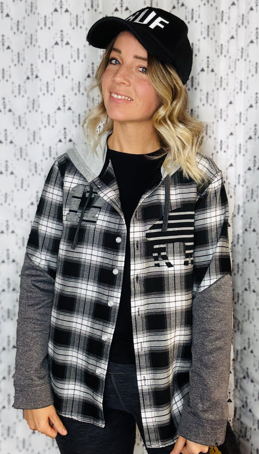 Black Plaid Hooded Buffalo Football Button Down Size- Unisex S/M