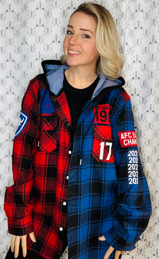 Red & Blue Buffalo Check Football Button-Up Flannel Size- Unisex XL/2X