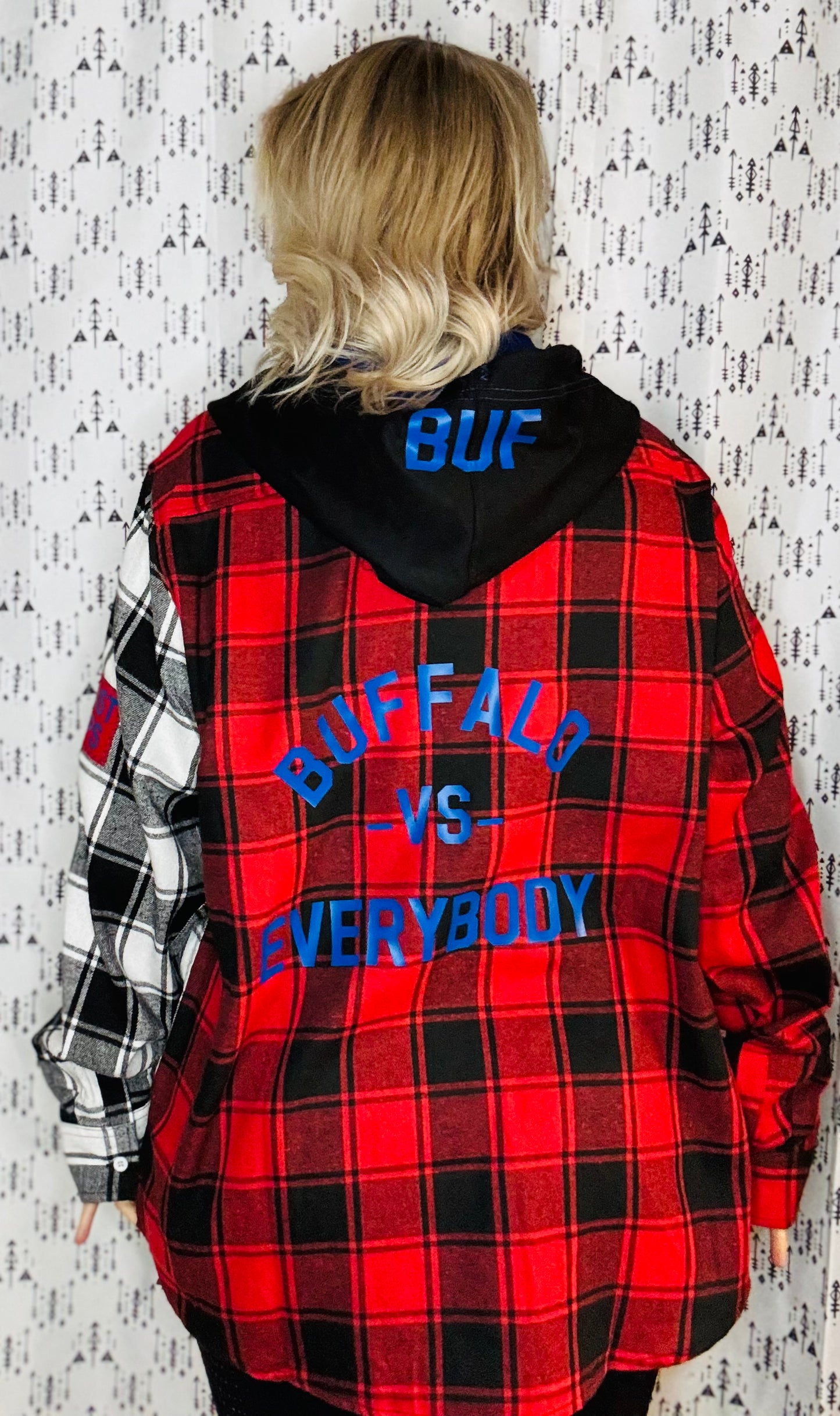 Red, Black, & White Buffalo Check Football Button-Up Flannel Size- Unisex XL/2X
