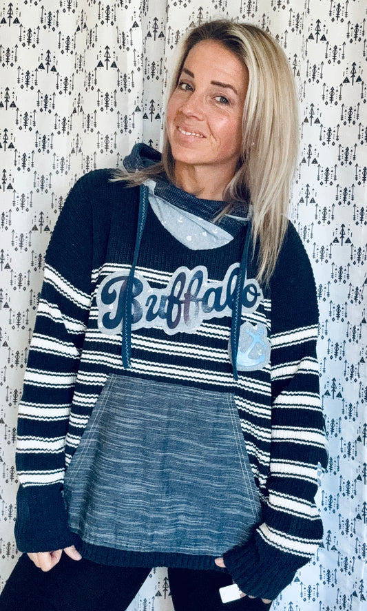 Navy Striped Buffalo Anchor Sweater Hoodie Size- Women’s XL/2X