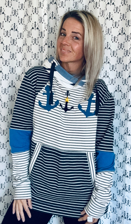 Navy Striped Anchors Hoodie Size Women’s- L/XL