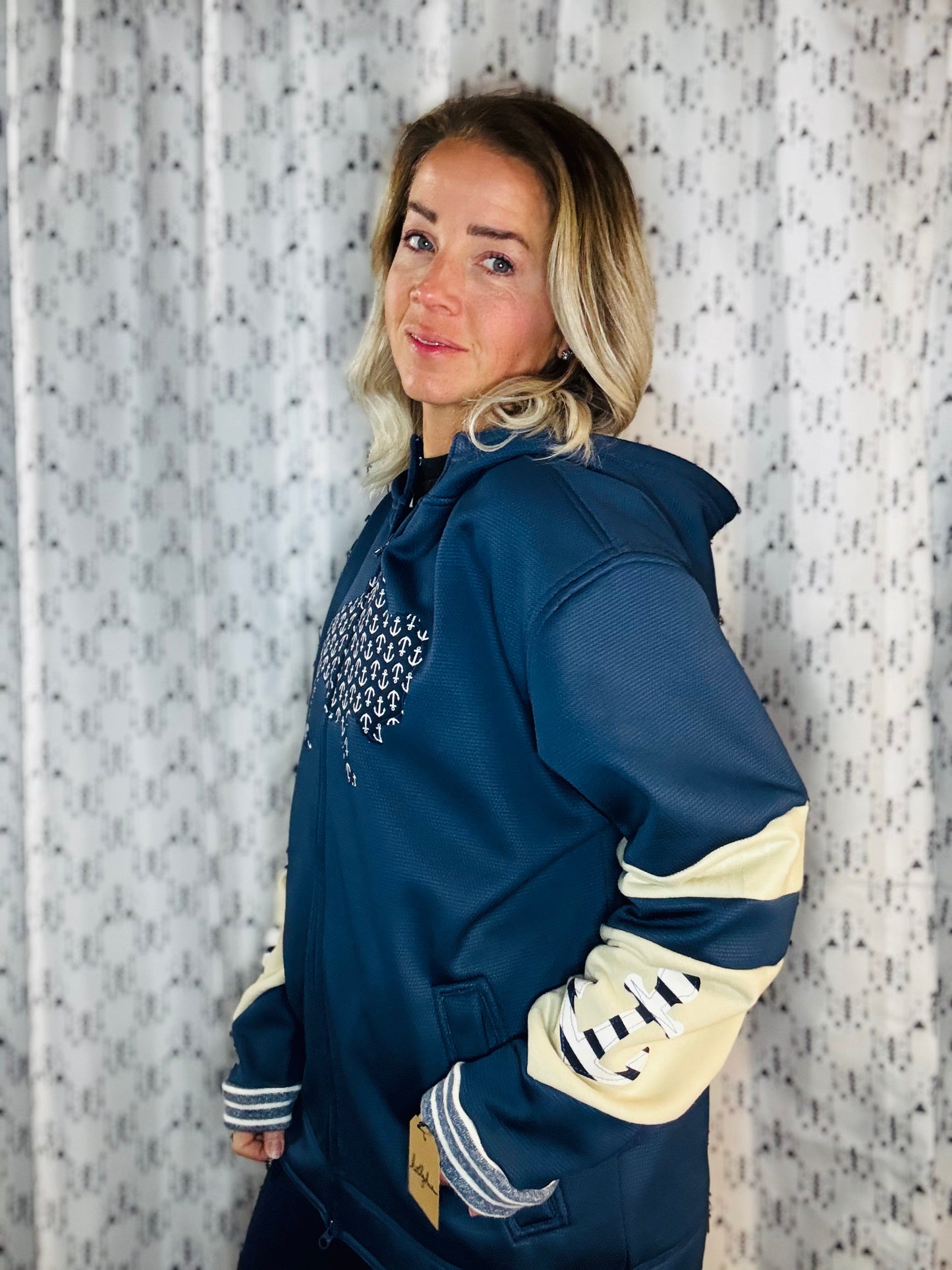 Blue Nautical Buffalo Zip UpHoodie Unisex-L/XL