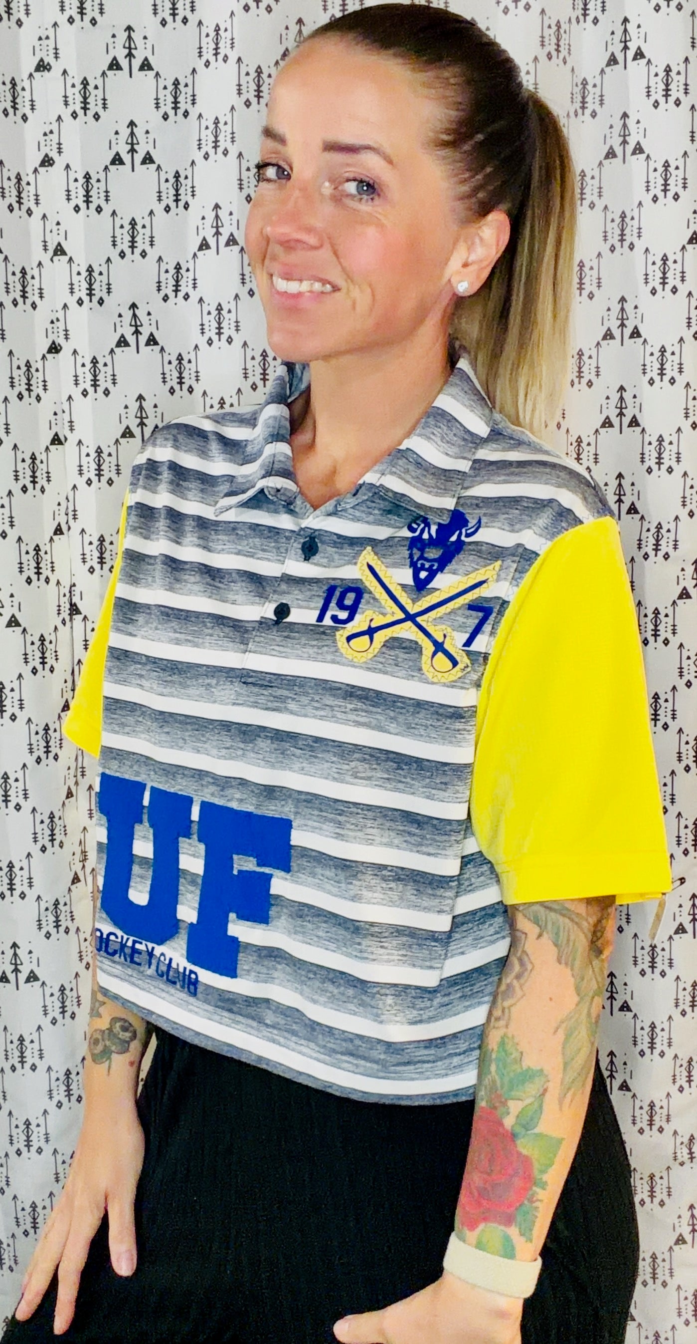 Blue Striped BUF Hockey Polo Crop Women's Size- L/XL