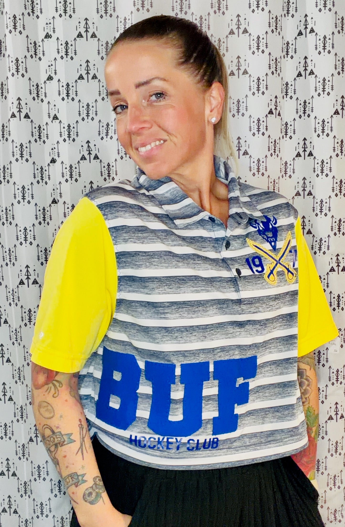 Blue Striped BUF Hockey Polo Crop Women's Size- L/XL