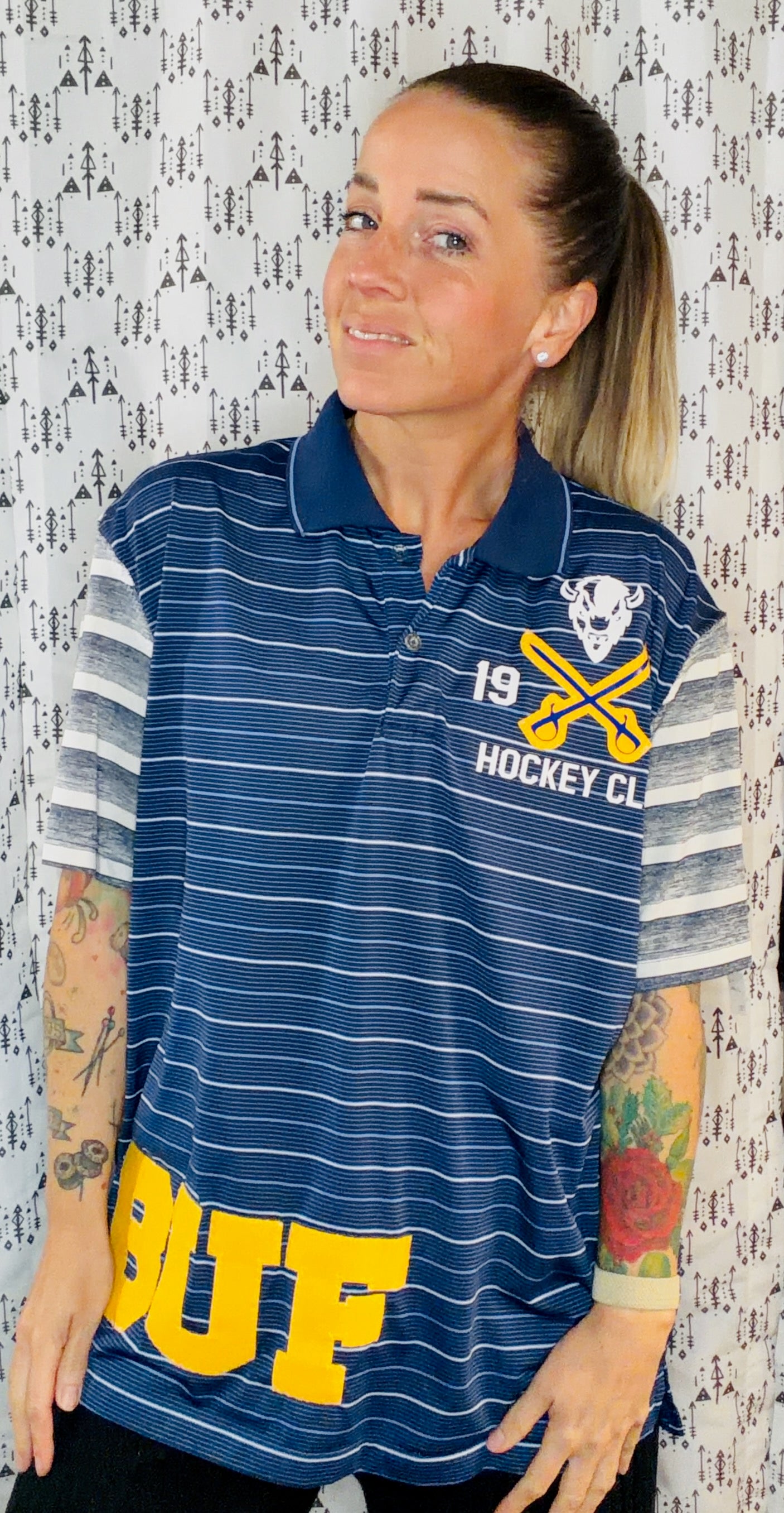 Navy Blue Striped BUF Hockey Polo Unisex Size- M/L