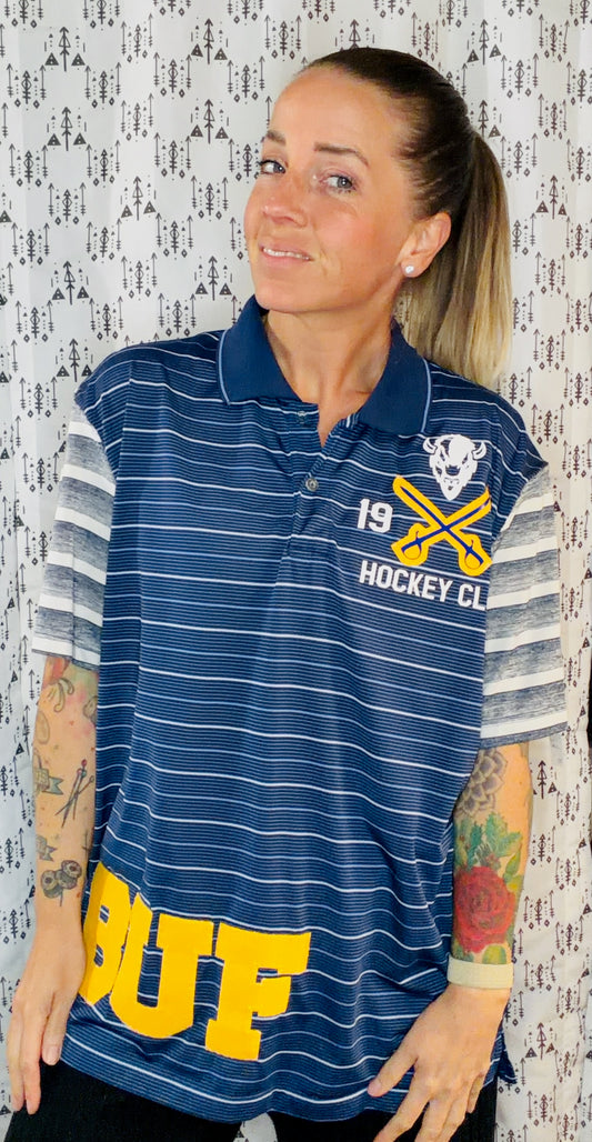 Navy Blue Striped BUF Hockey Polo Unisex Size- M/L