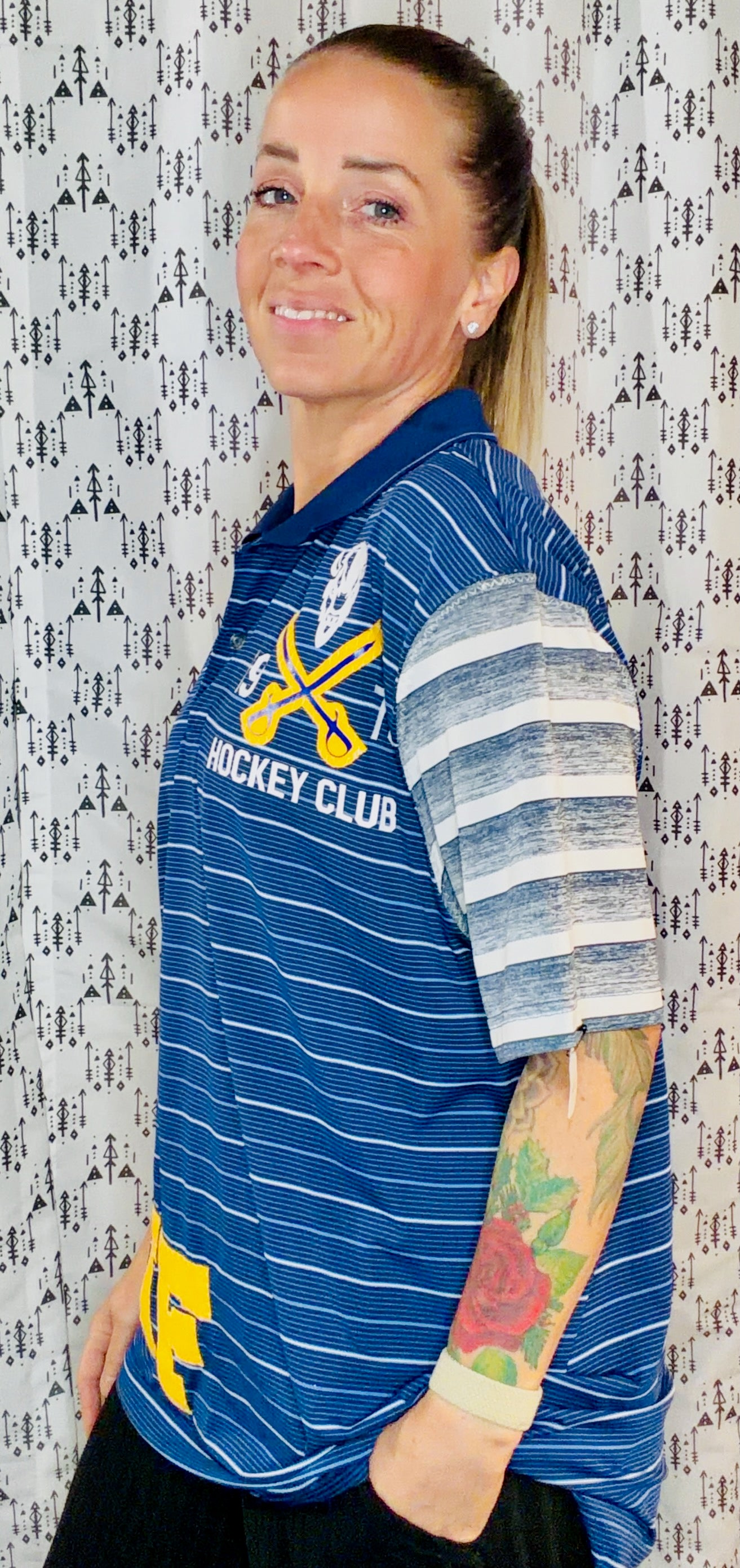 Navy Blue Striped BUF Hockey Polo Unisex Size- M/L