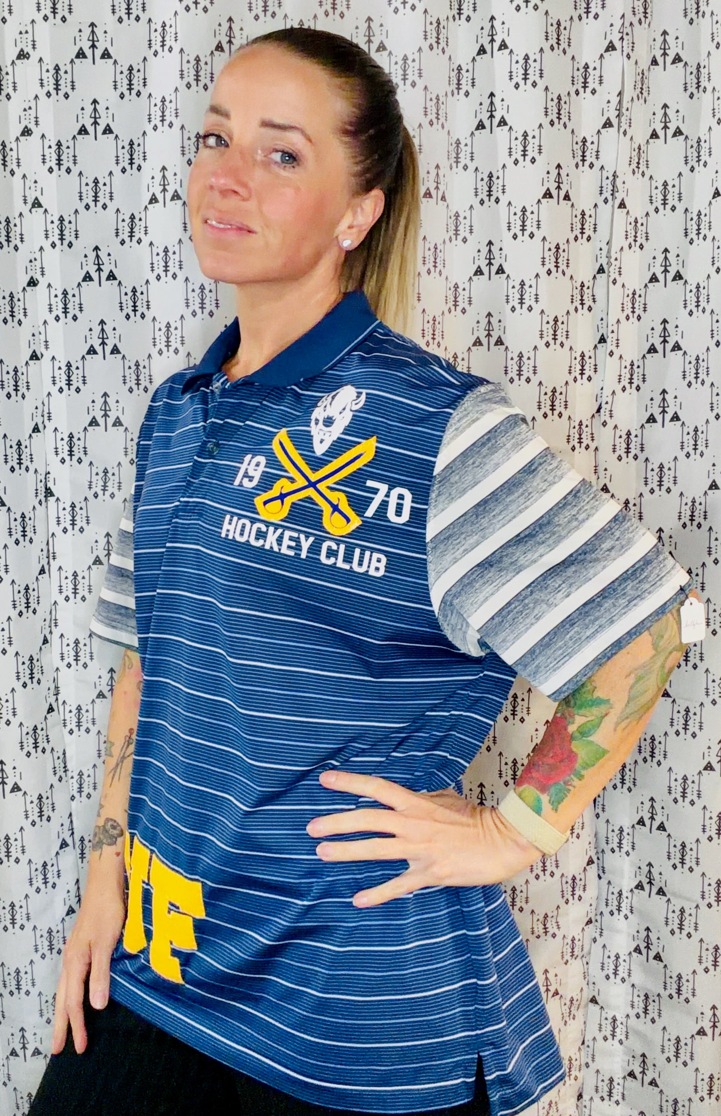 Navy Blue Striped BUF Hockey Polo Unisex Size- M/L