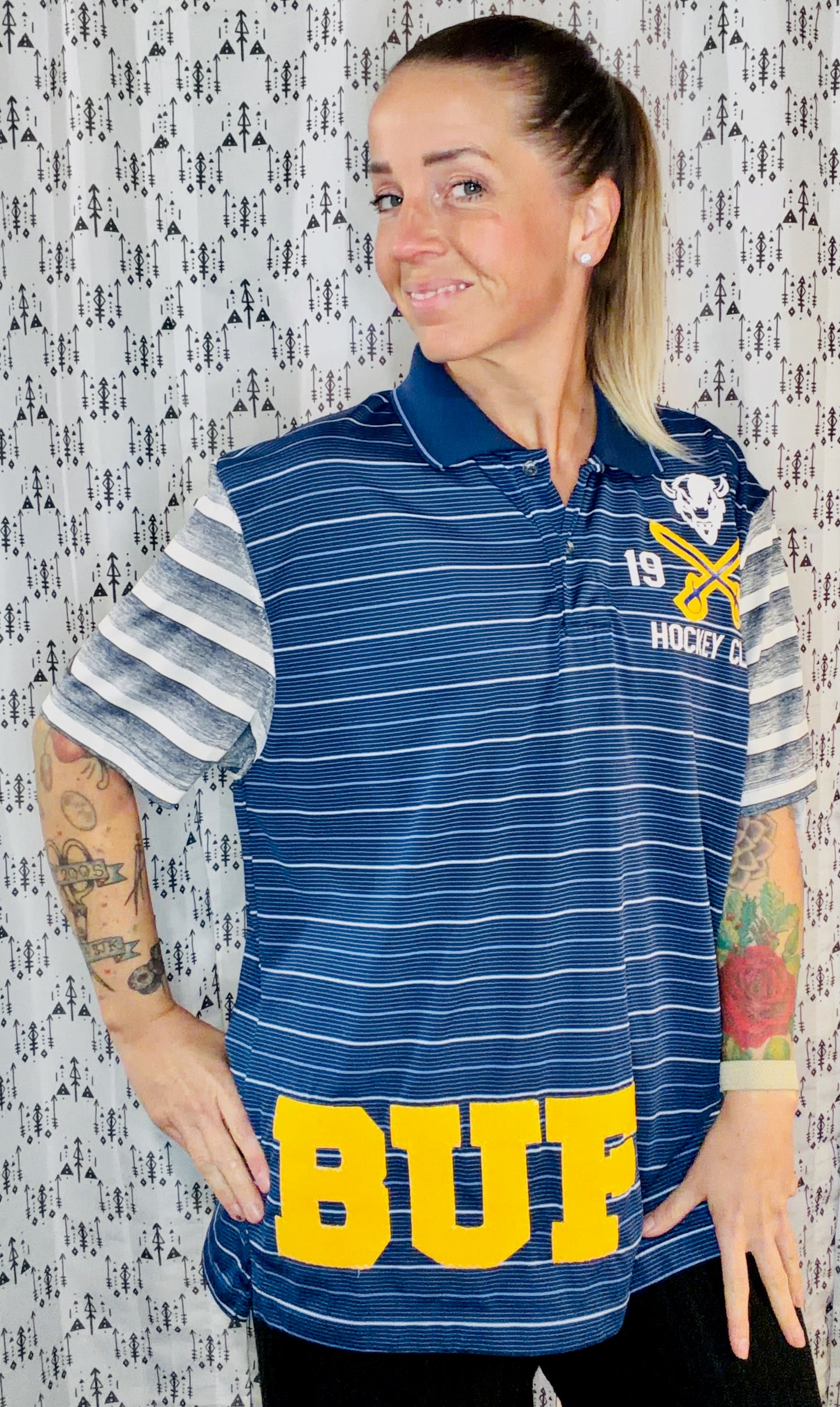Navy Blue Striped BUF Hockey Polo Unisex Size- M/L
