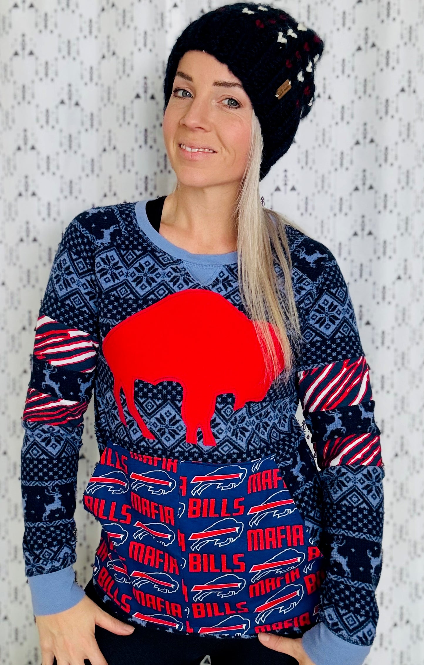 Blue Holiday Throwback Buffalo Crewneck Size- Women's M/L