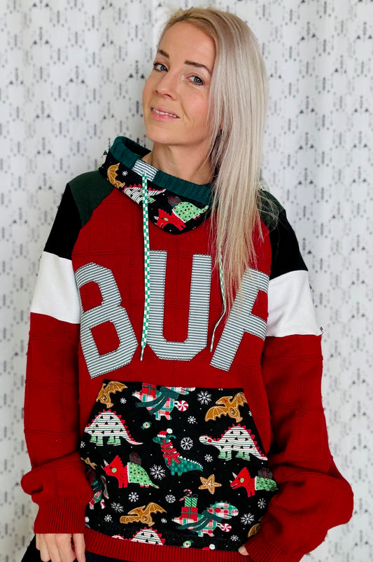 Red Holiday Dino BUF Sweater Hoodie Size- Unisex L/XL