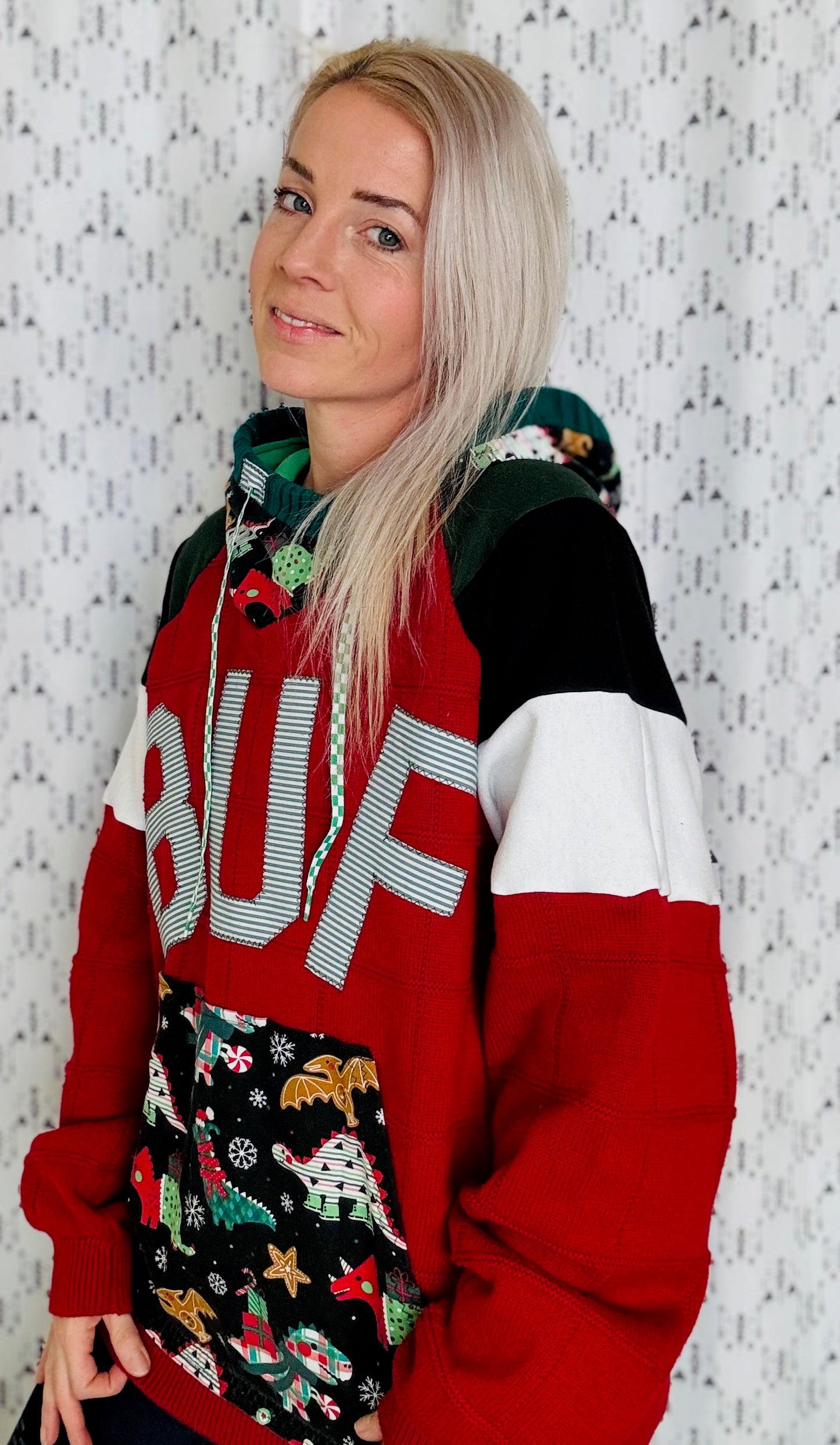 Red Holiday Dino BUF Sweater Hoodie Size- Unisex L/XL