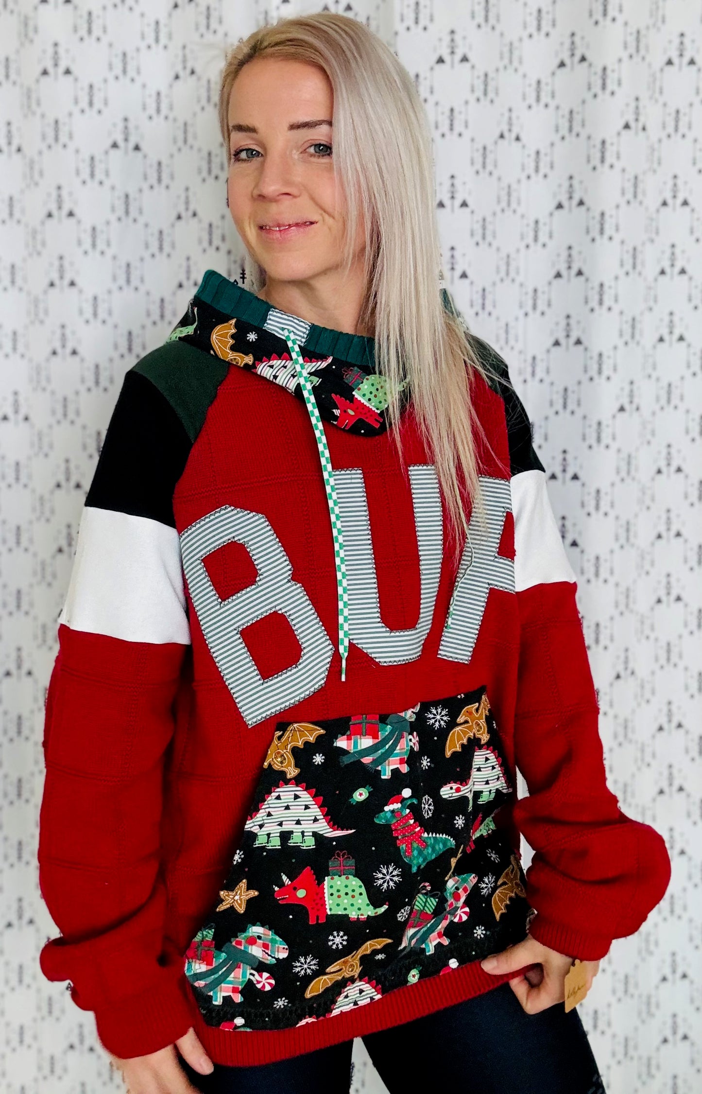 Red Holiday Dino BUF Sweater Hoodie Size- Unisex L/XL