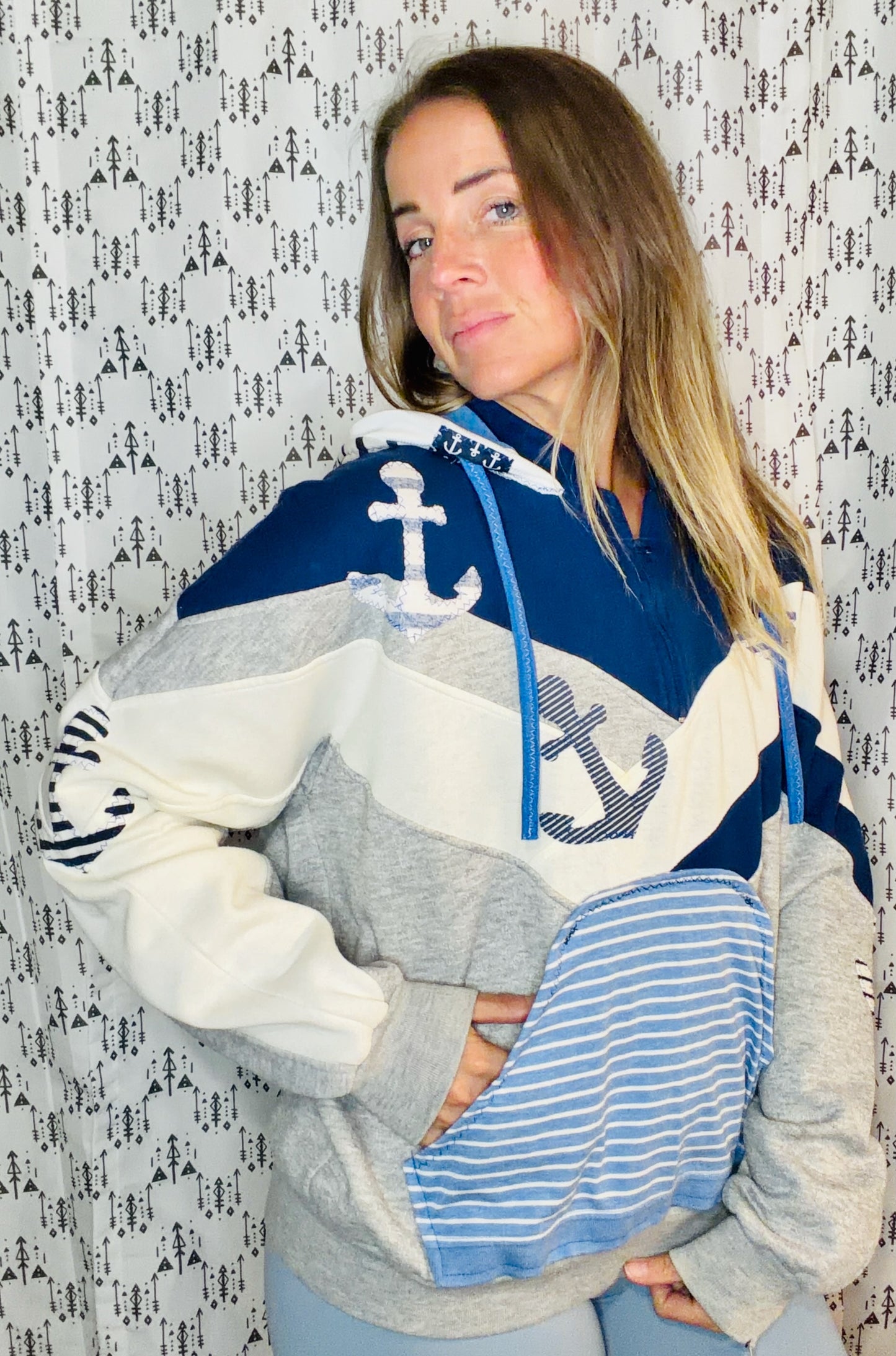 Grey Color-Block Anchor 1/4 Zip Hoodie Size Unisex-M/L