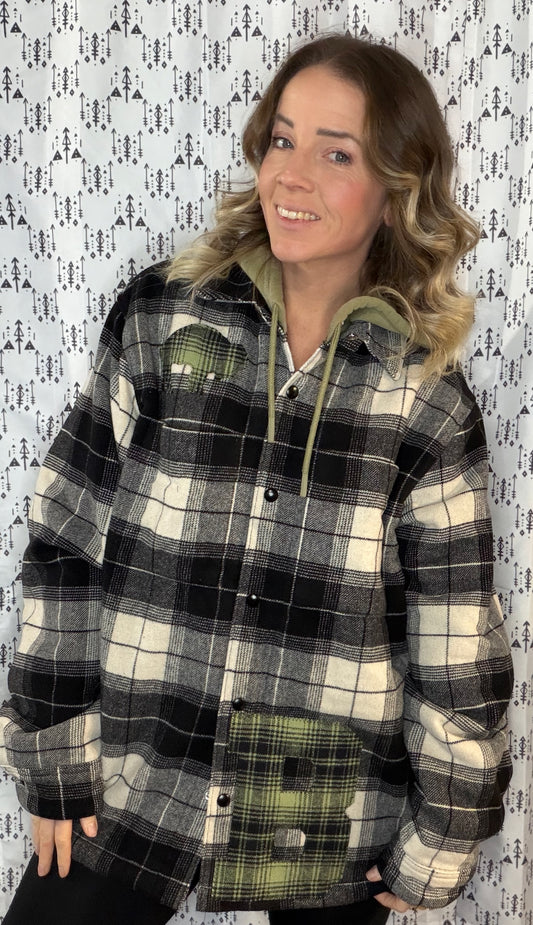 Black & White Plaid Lined Buffalo Hooded Jacket Size- Unisex M/L