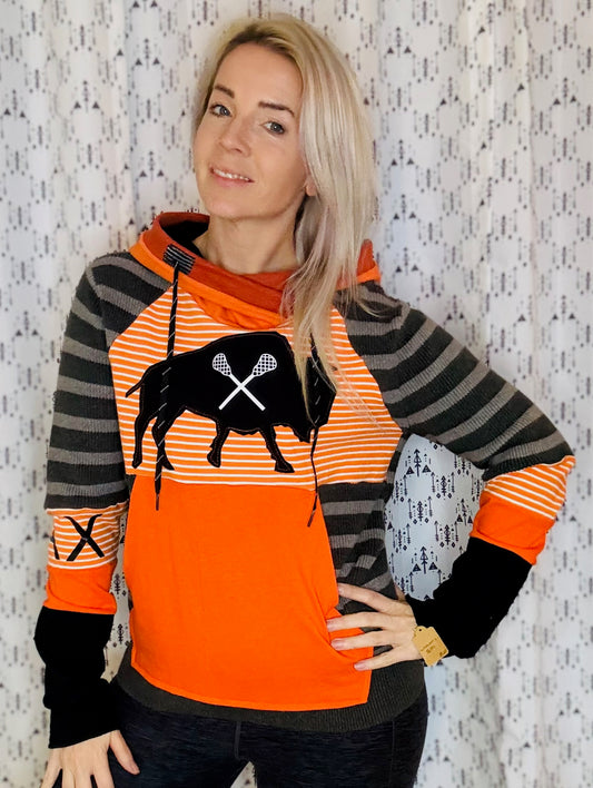 Grey Striped Buffalo Lacrosse Sweater Hoodie Size- Women's S/M