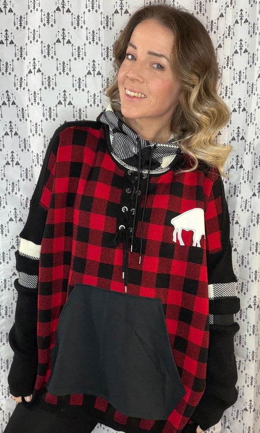 Red Plaid Buffalo Sweater Hoodie Size- Women's XL/2X